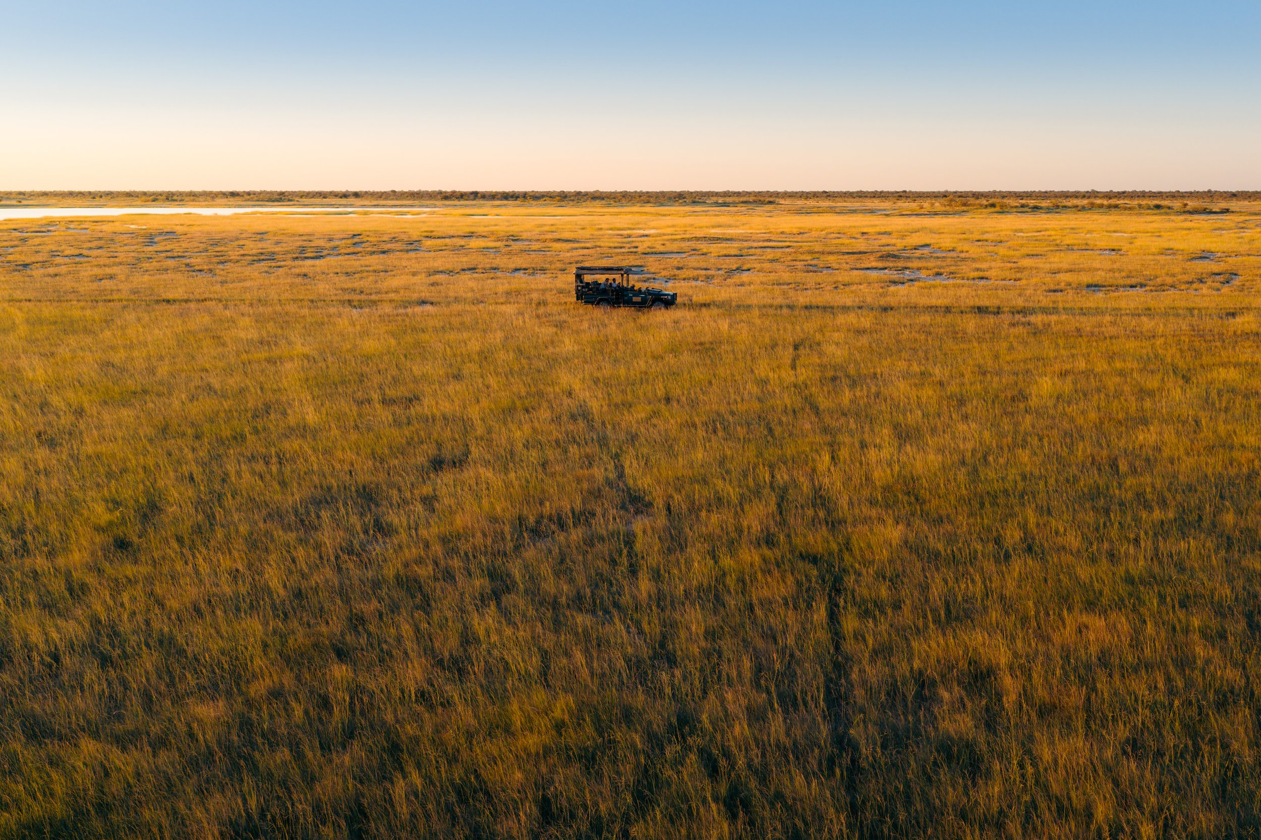A black off-road vehicle with a canopy is driving across a grassy wetland area during sunset.