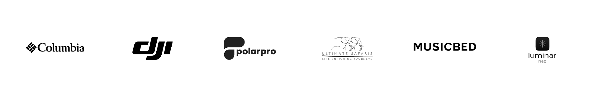 Collection of logos including Columbia, DJI, PolarPro, Ultimate Safaris, Gus Creeks, and Umtar Neo.