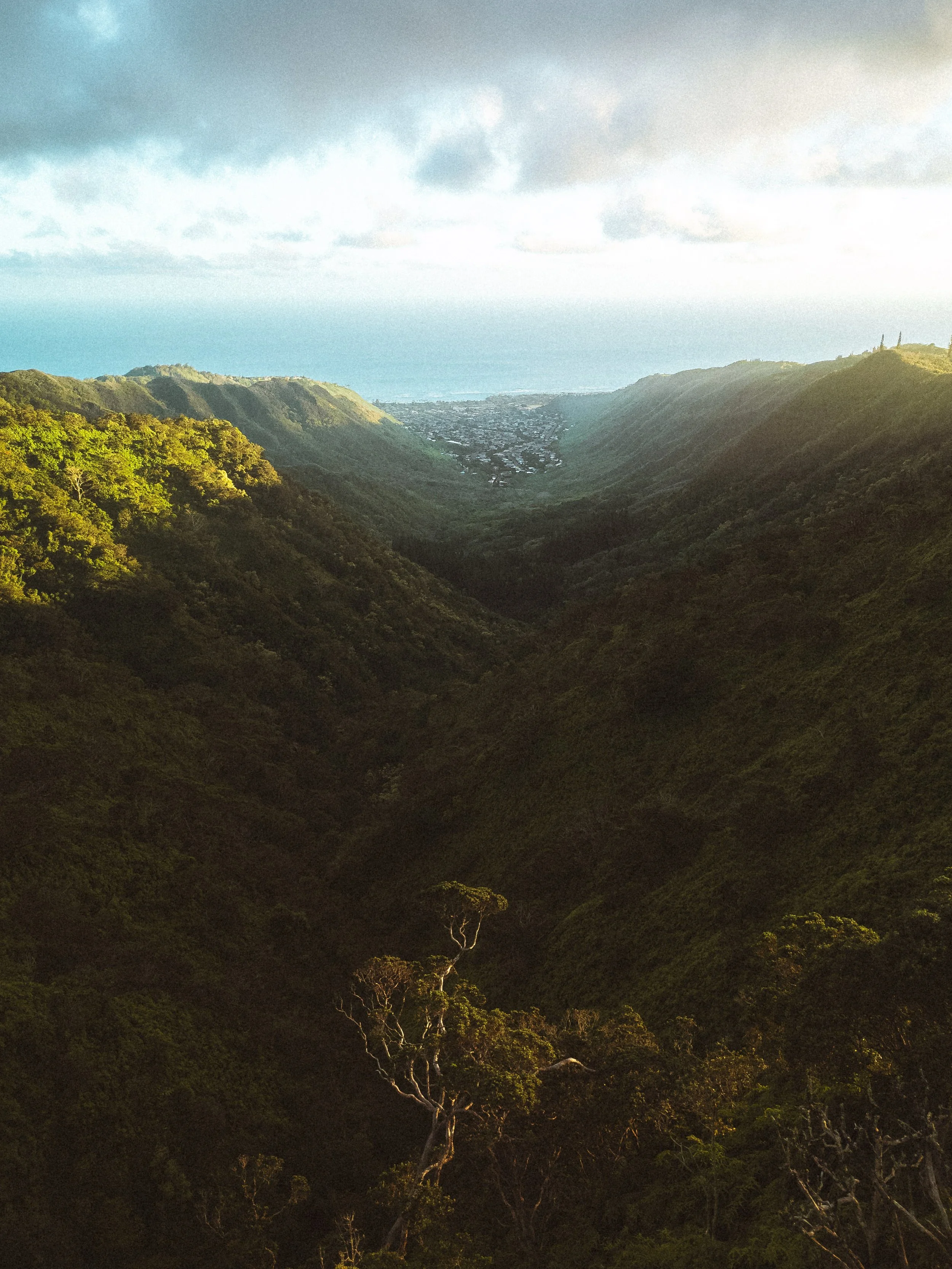 A scenic view of lush green mountains with a small town visible in the distance and the ocean beyond, under a partly cloudy sky.