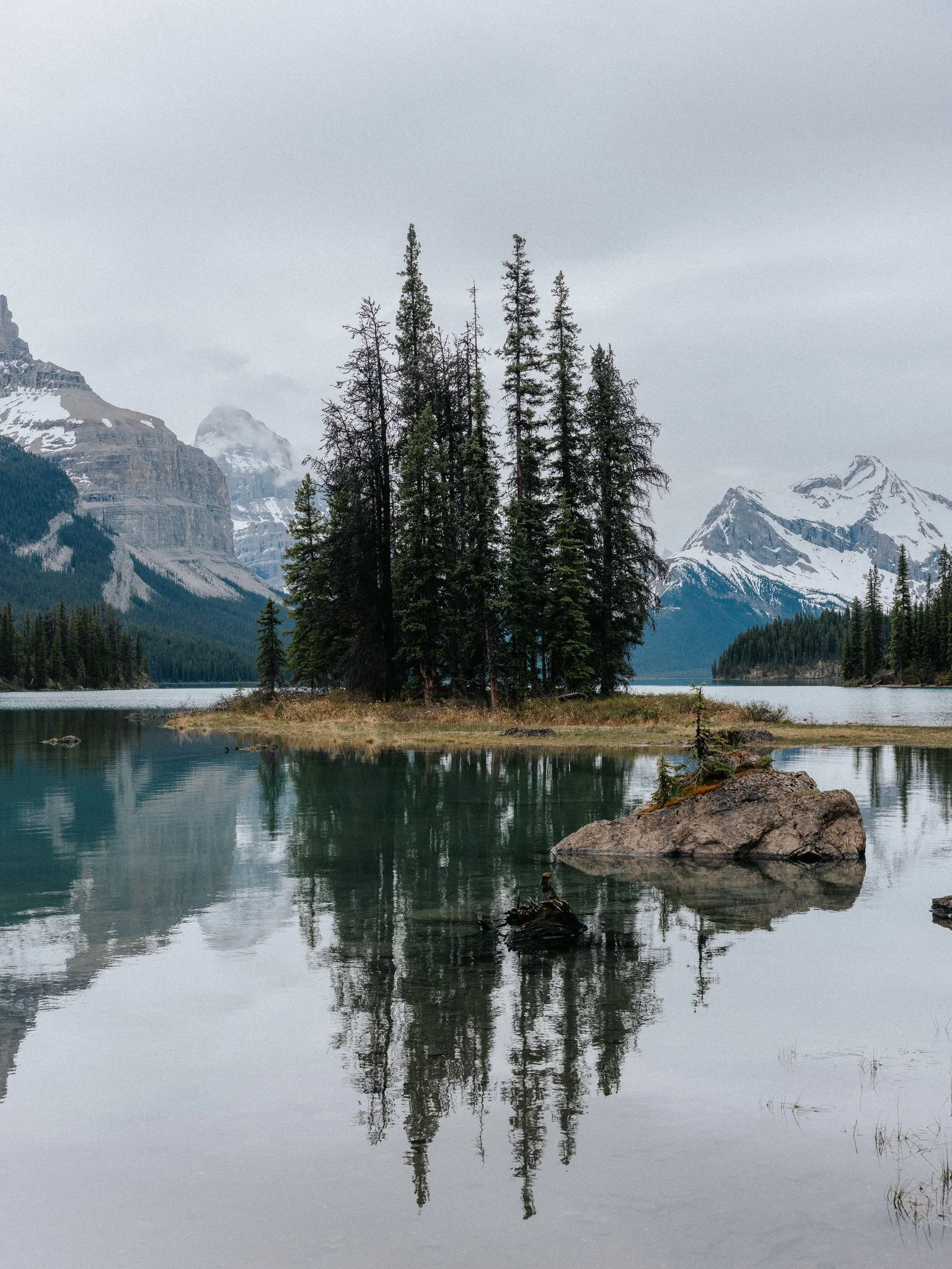 A tranquil mountain lake scene with tall pine trees on a small island, snow-capped mountains in the background, and the sky reflected in the calm water.