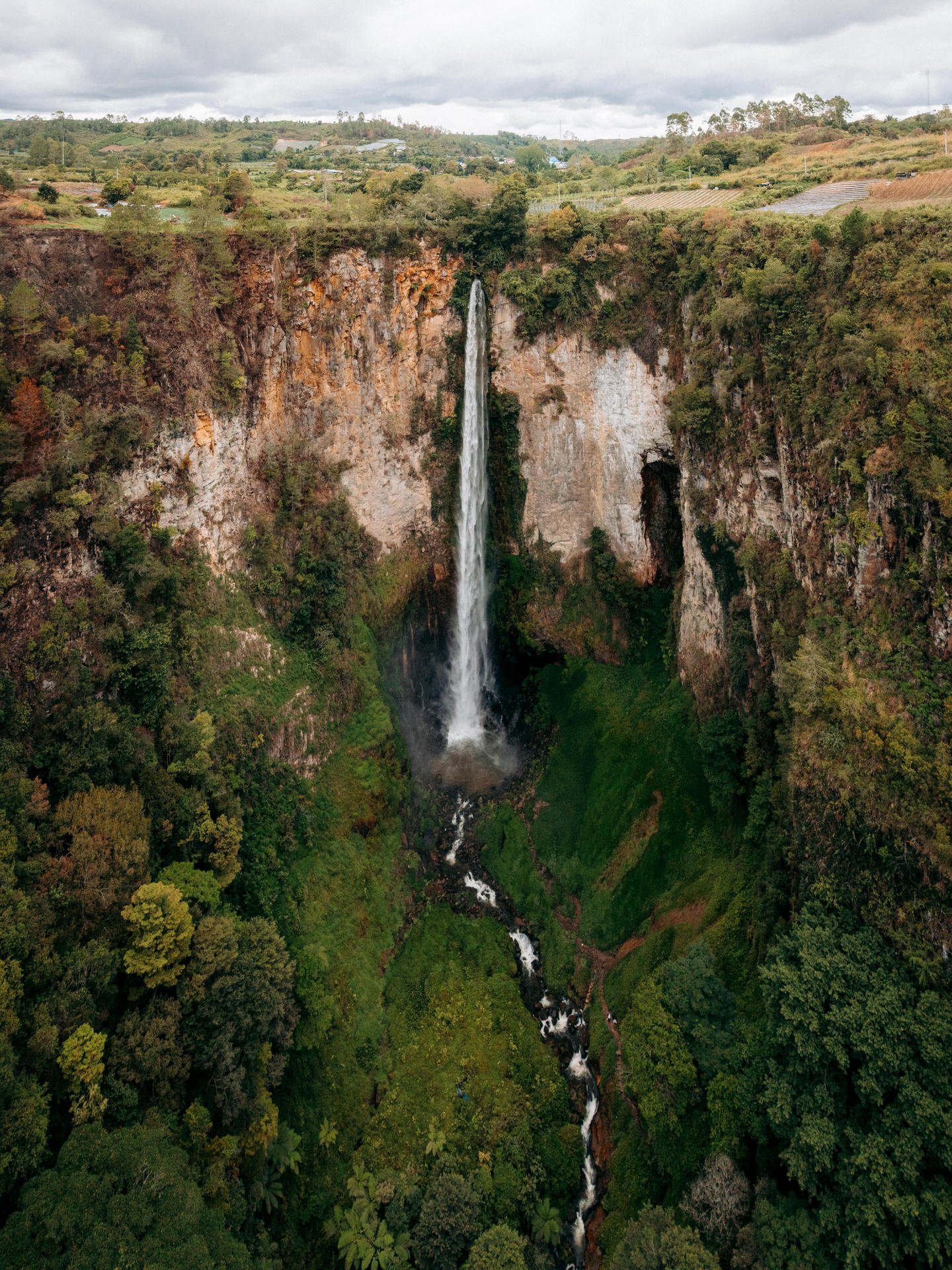 A tall waterfall cascading down a rocky cliff into a lush green forest below, with a cloudy sky overhead.