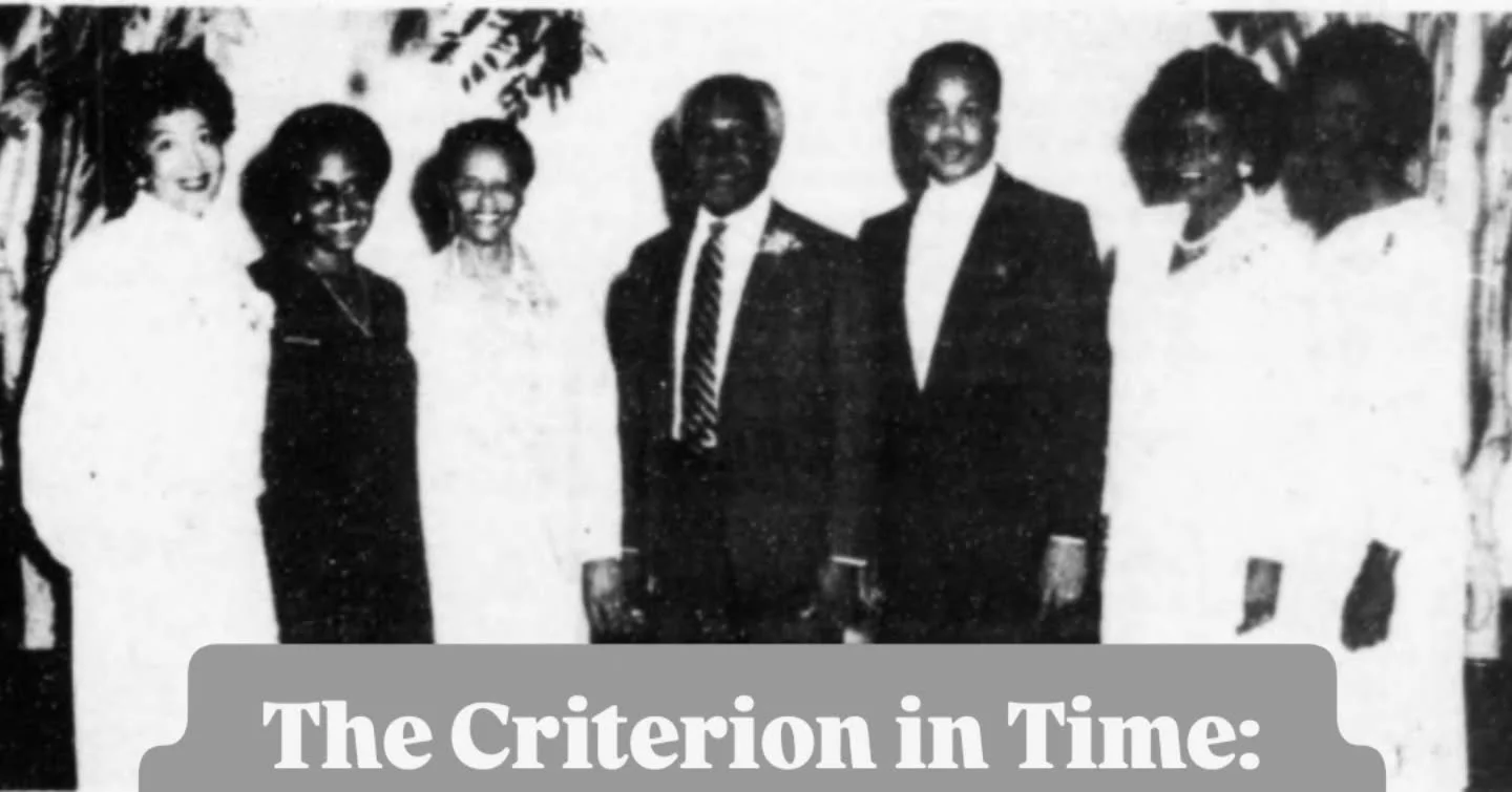 The Criterion in Time: Clapps Lauded By AKA's

Published Criterion article on November 14th, 1985

Dr. and Mrs. Claude Clapp, third and fourth from left, retirees of the Board of Education, were recently honored by the Alpha Kappa Alpha Omega Phi Cha