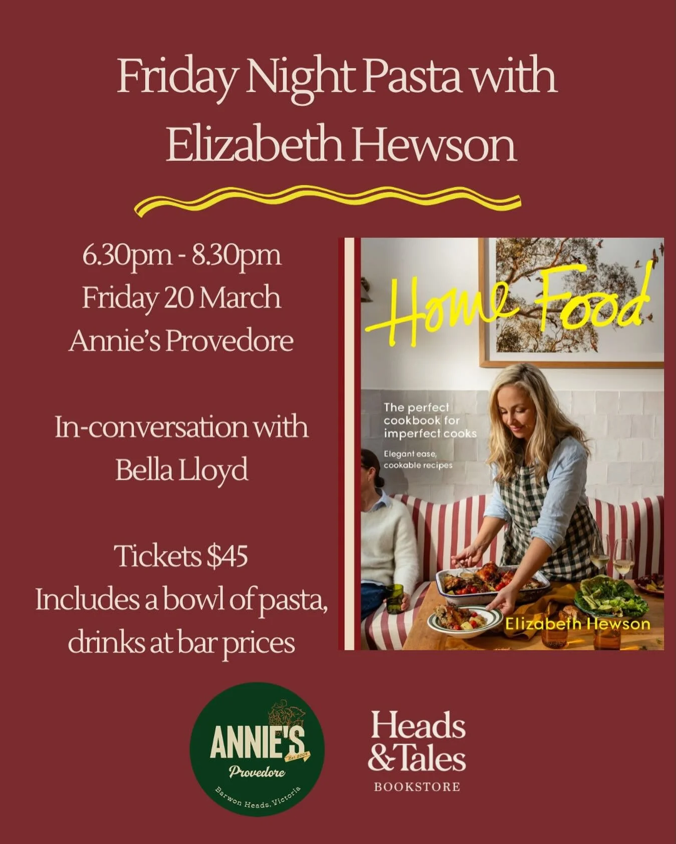We&rsquo;re thrilled to be teaming up with Barwon Heads institution @annies_provedore for an&nbsp;evening with celebrated home cook, food columnist and creator of #SaturdayNightPasta, @elizabethhewson . 🍝 

Elizabeth will be joined in-conversation b