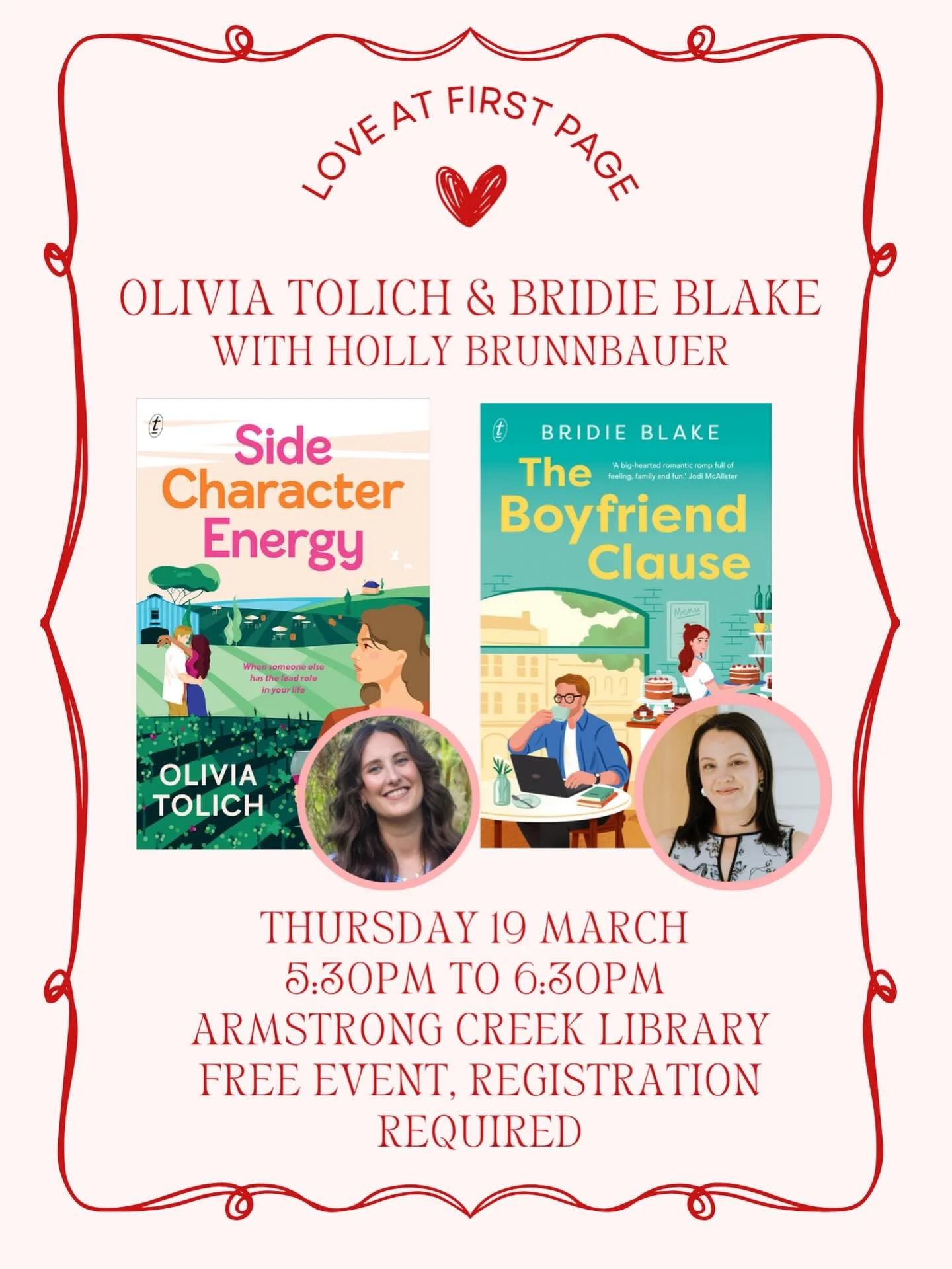 Hey romance lovers! 🏹 our bookseller Hope will be slinging books at next week&rsquo;s LOVE AT FIRST PAGE event at Armstrong Creek Library @geelonglibraries ❤️&zwj;🔥

Join @text_publishing authors @oliviatolich, author of Side Character Energy, and 