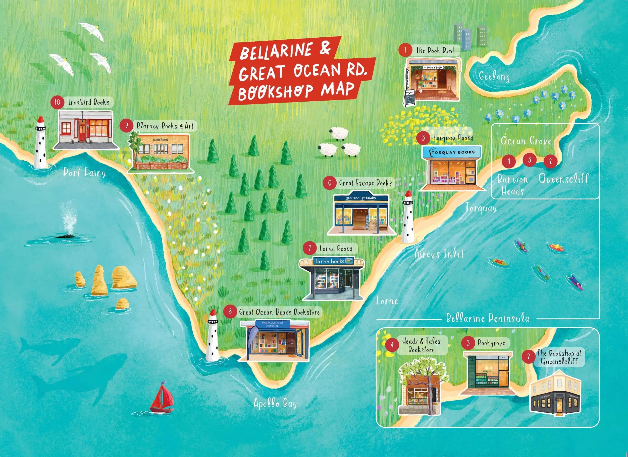 Who&rsquo;s visiting their local bookshop this long weekend? 🗺️ Let our Bellarine &amp; Great Ocean Road Bookshop Map guide the way! 🚘 🌊📚

Designed and illustrated by @michelleconn_illustration 🎨