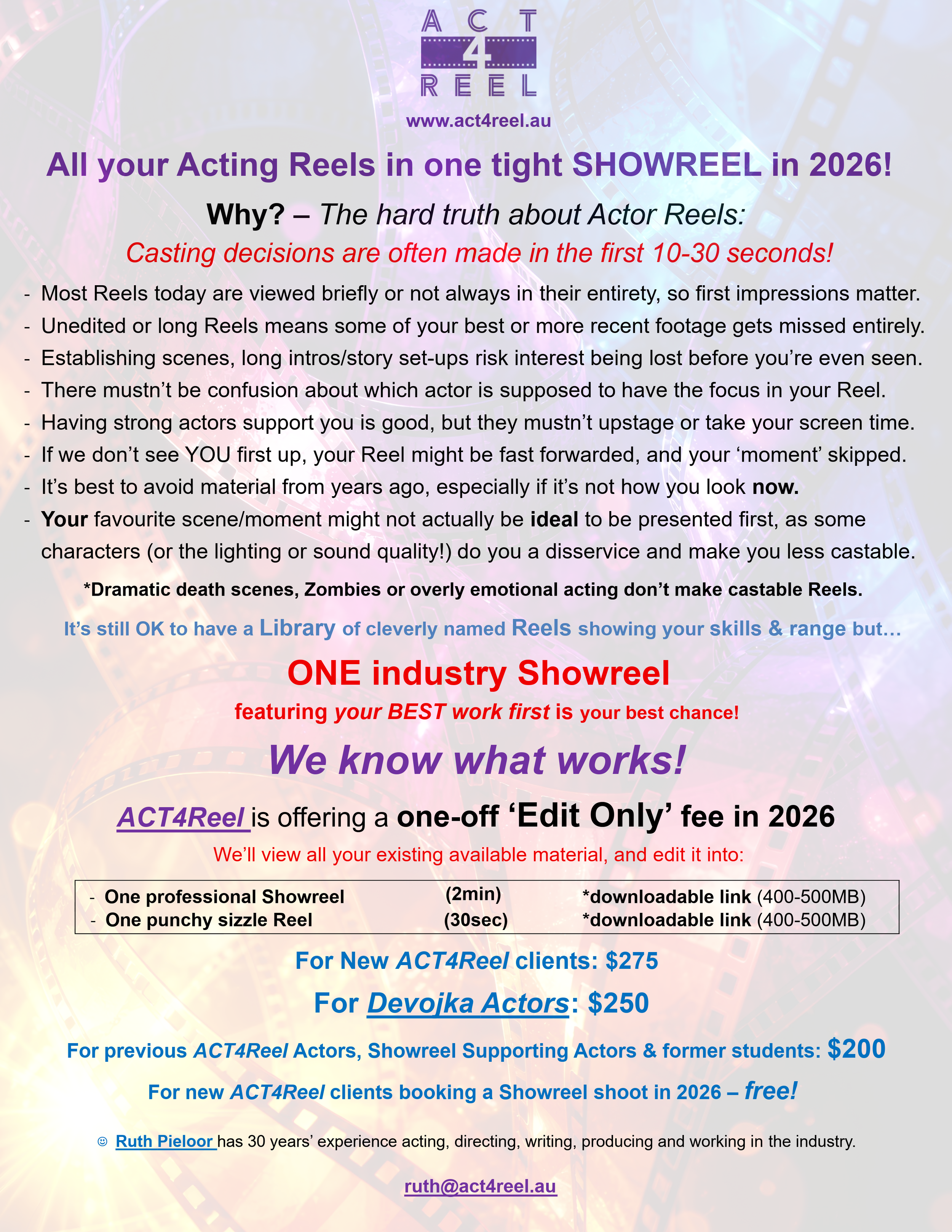 ACT4Reel will edit all your footage into ONE tight Showreel