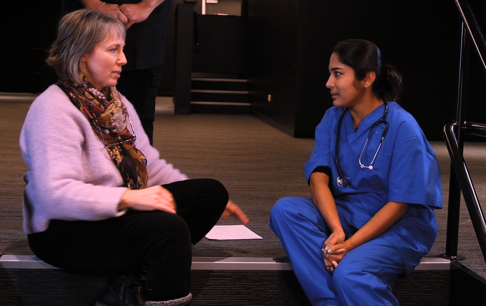 Showreel rehearsal talks on set at the Q Theatre with Srestha Barnerjee. Screen capture: Albert Locke