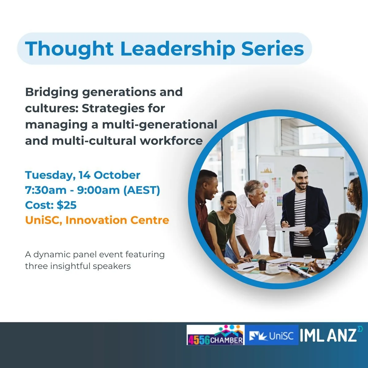 🌟 Thought Leadership Series is back! 🌟

Join us on 14th October from 7:30&ndash;9:00am at Collider, Innovation Centre, UniSC for an interactive panel session exploring generational &amp; cultural diversity in the workplace.

💡 Learn how to:
&bull;