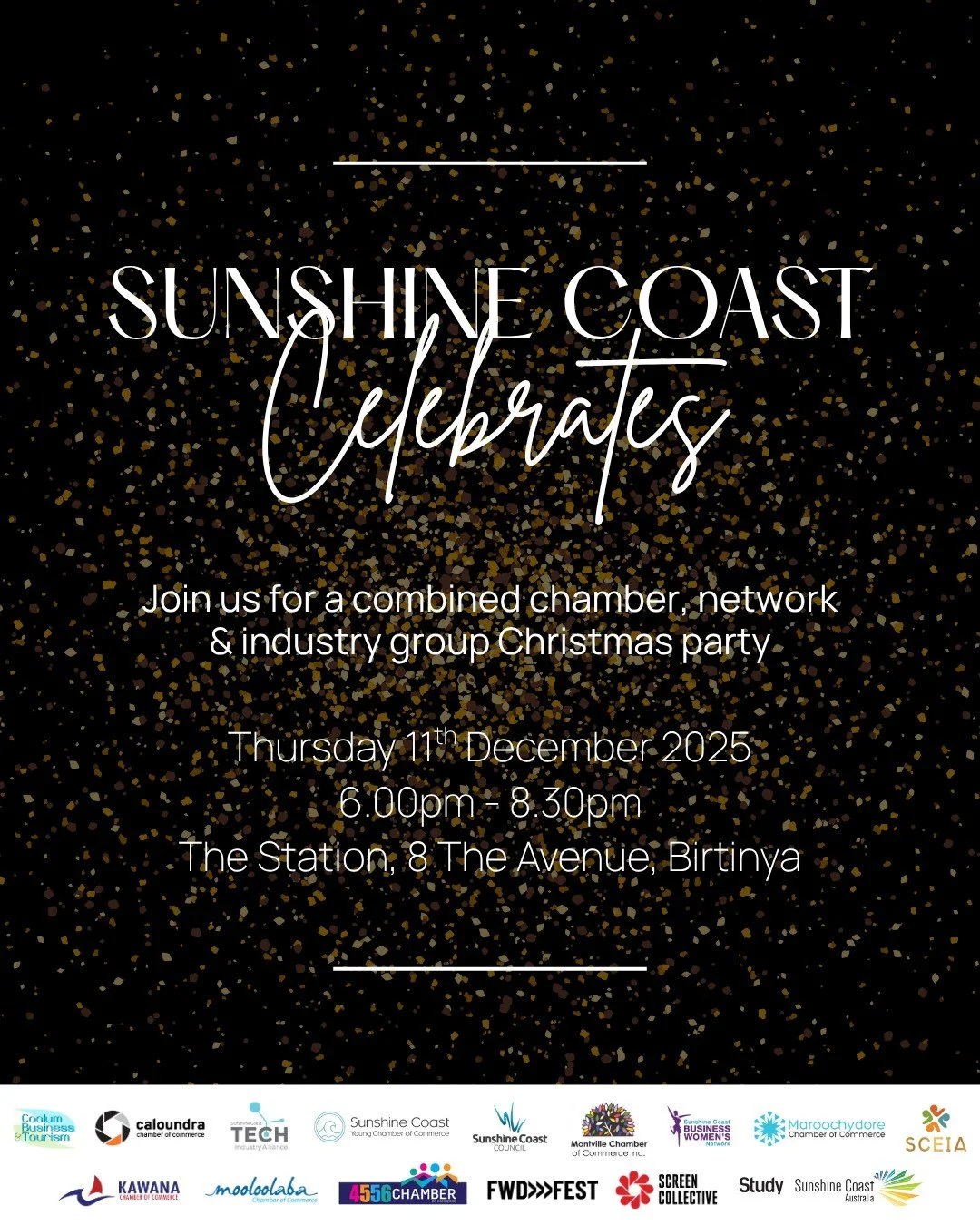 The Sunshine Coast business community is coming together for a collaborative end-of-year celebration! ✨

Join us on Thursday, 11 December from 6:00pm&ndash;8:30pm at The Station, Birtinya, where Chambers of Commerce, Networks and Industry Groups from