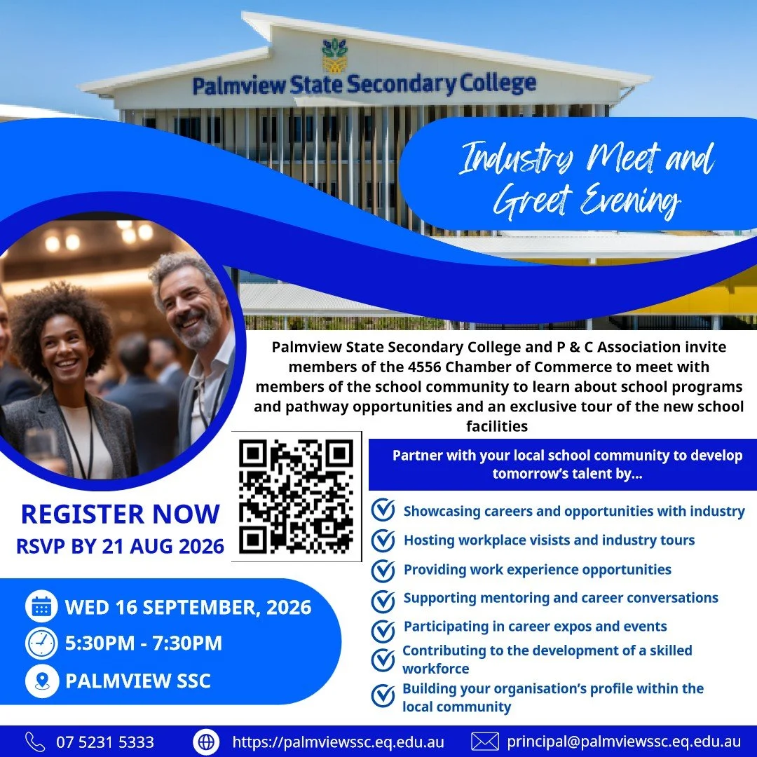 You're invited to a special gathering for the business community to see behind the scenes, talk with staff and see student programs in action at the Palmview State Secondary College's upcoming event on Sept 16. 

Discover the many ways that you can e