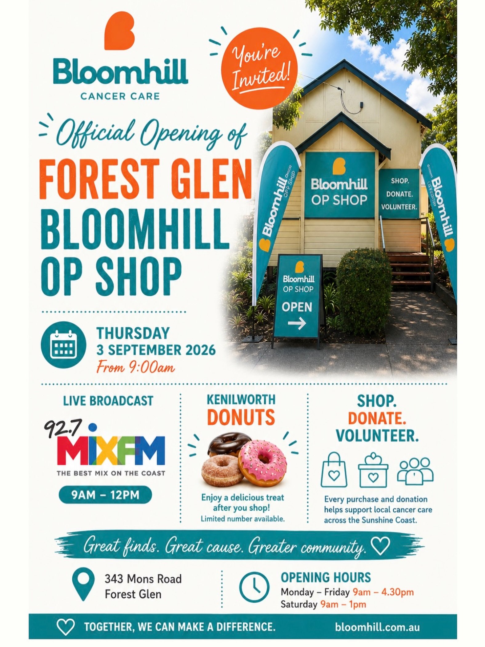 Come along from 9am tomorrow, 3 September to the new Bloomhill Cancer Care Op Shop at 343 Mons Road, Forest Glen. 

Celebrate the official opening of Bloomhill&rsquo;s 10th retail shop.  There&rsquo;s a treasure trove of goodies to browse &amp; buy. 