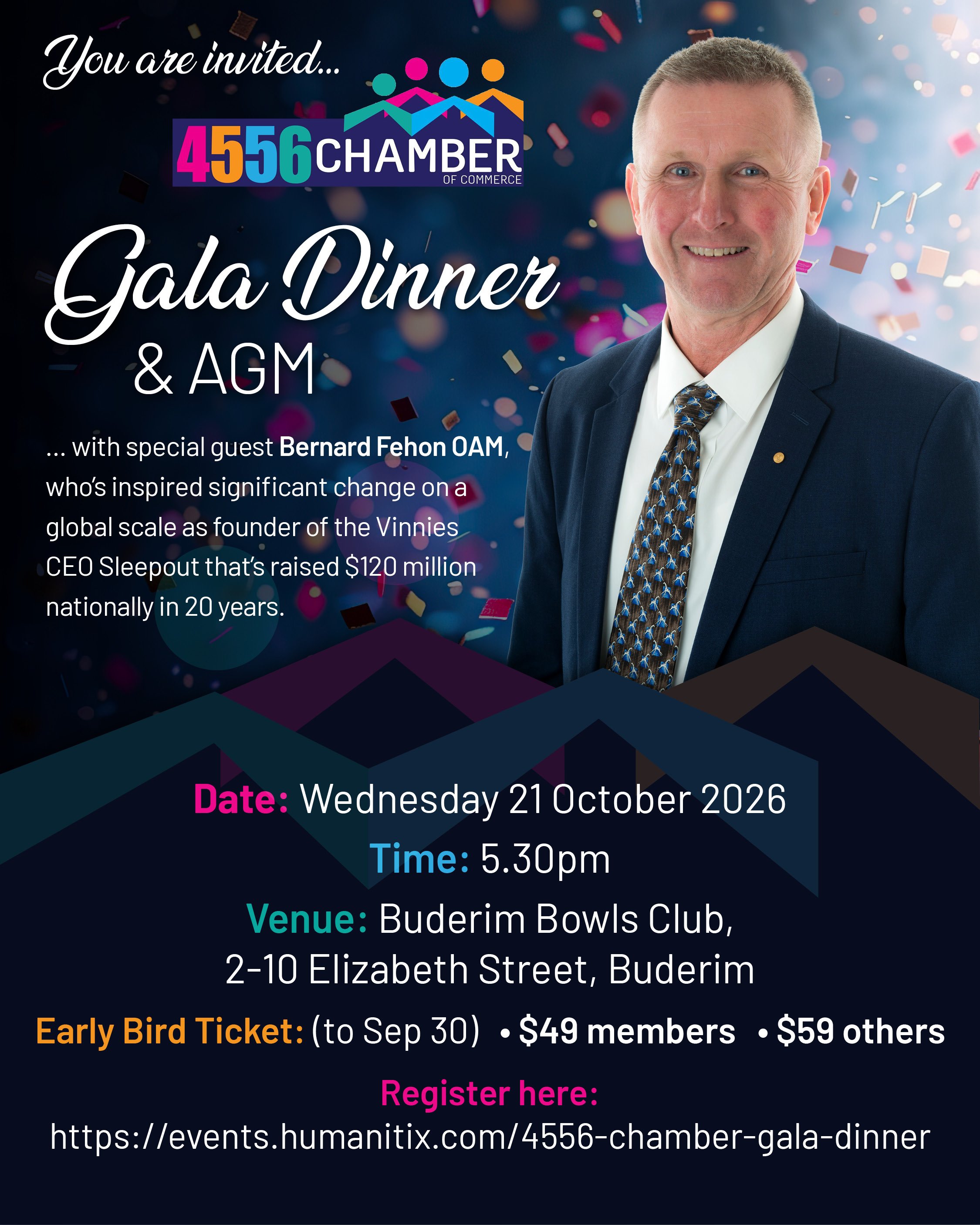 Just a few hours remain to score early bird tickets to our Gala Dinner + AGM on October 21st. Book now for tickets at this price because tomorrow (October 1st) prices change! We'd love to see you. 😁

#4556chamberofcommerce #sunshinecoastbusiness #vi