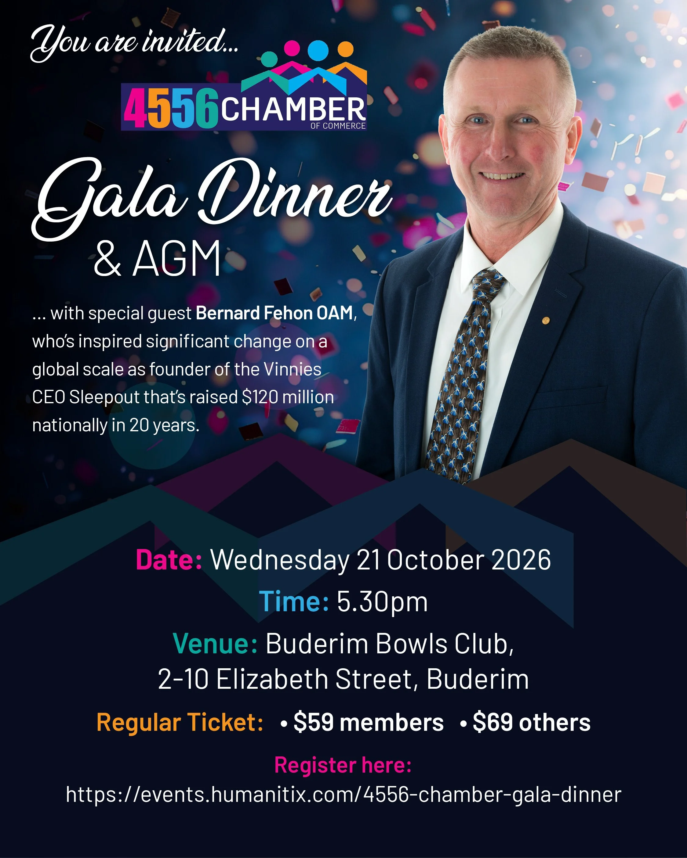 Just a few final tickets for this Wednesday&rsquo;s our Gala Dinner &amp; AGM at the Buderim Bowls Club.

Your ticket includes:
&bull; A 2-course dinner with Special Guest Bernard Fehon OAM
&bull; A great night of connection and celebration
&bull; 1 