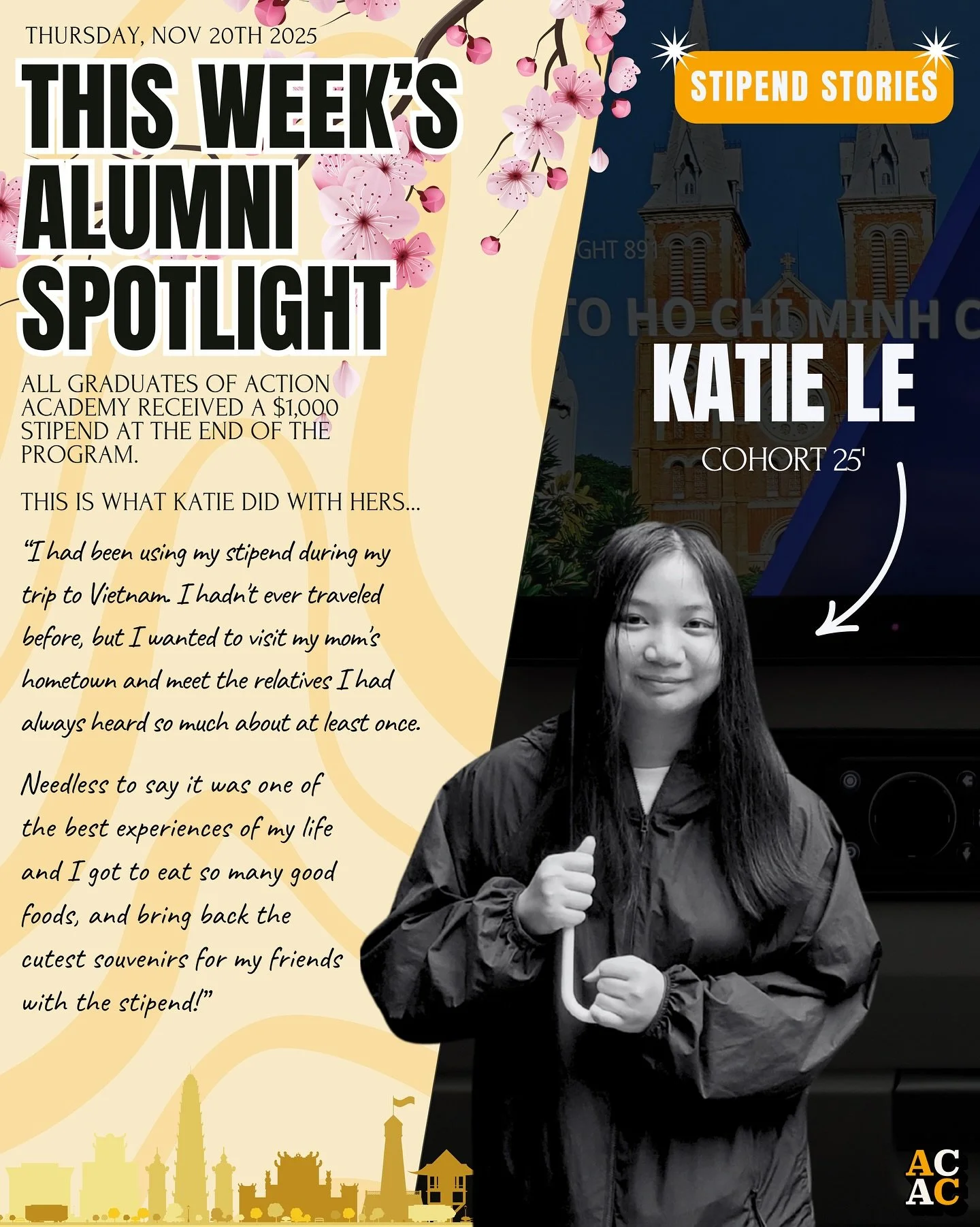 INTRODUCING: Stipend Stories💵

Every week, we&rsquo;ll be spotlighting an Action Academy alum and sharing how they used their $1,000 program stipend to fuel learning, growth, and possibility.

This week, meet Katie Le (Cohort &rsquo;25); a shining e
