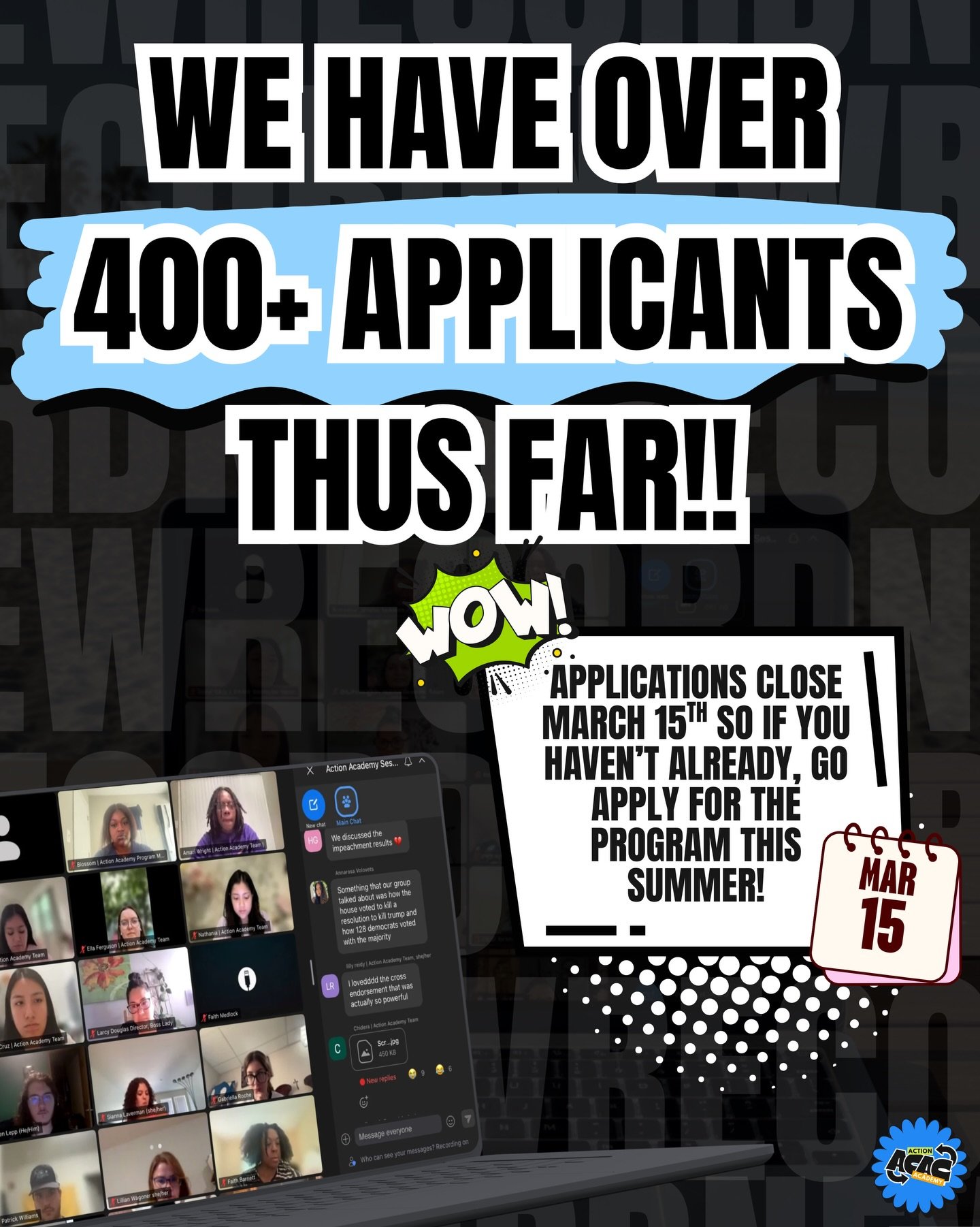 Over 400 students have already applied 👏🏽
Don&rsquo;t miss your chance to learn to lead, organize, and GET PAID this summer 💸
Applications close March 15. APPLY NOW!
&bull;
&bull;
&bull;
#actionacademy #applynow #genz #civicleadership #summervibes