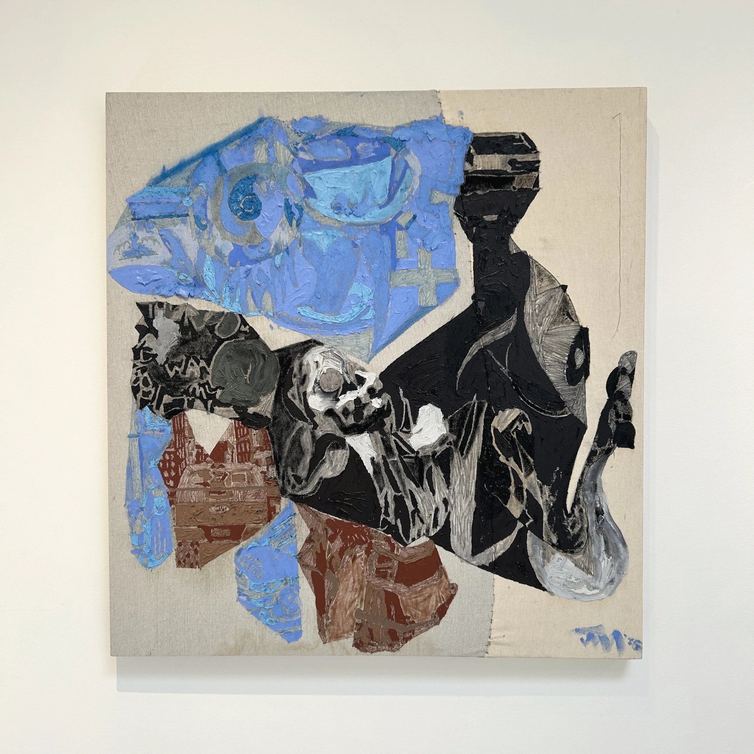 "A Rattlesnake in New York City" - 2025 oil, chalk, acrylic, sewing thread on canvas (36"x34")