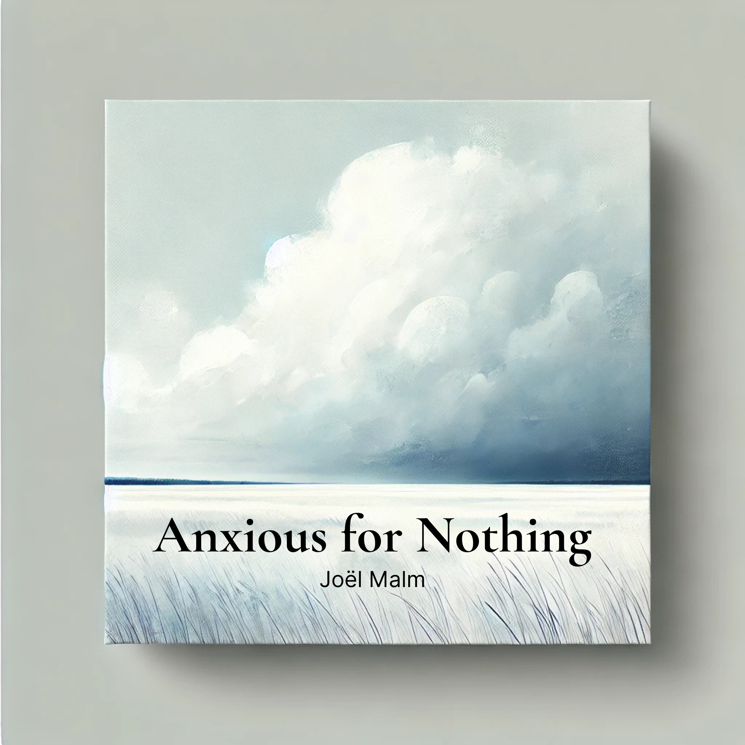A book cover with a cloudy sky and a calm body of water, titled 'Anxious for Nothing' by Joël Malm.