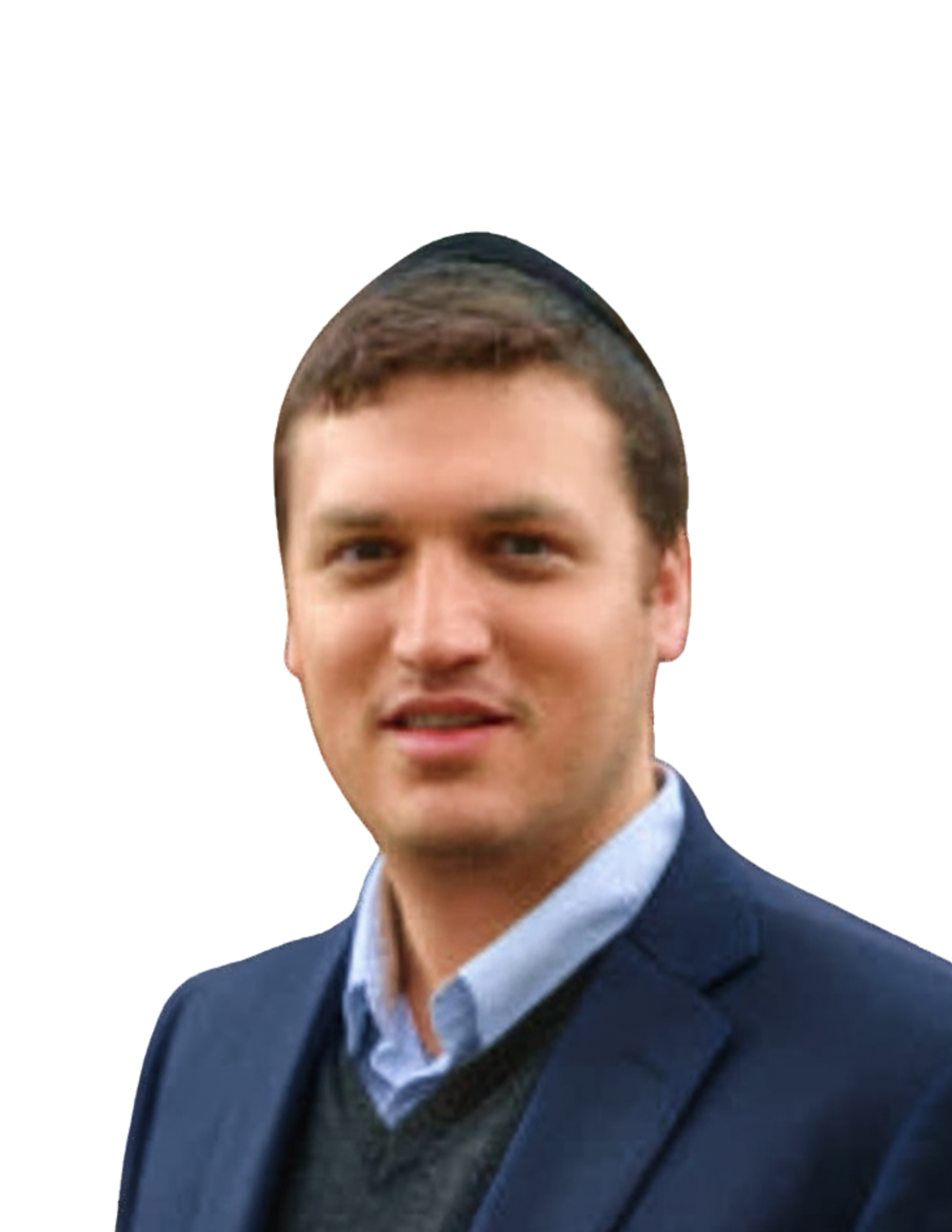 Young man with short brown hair wearing a blue blazer, light blue dress shirt, and dark sweater, against a plain white background.