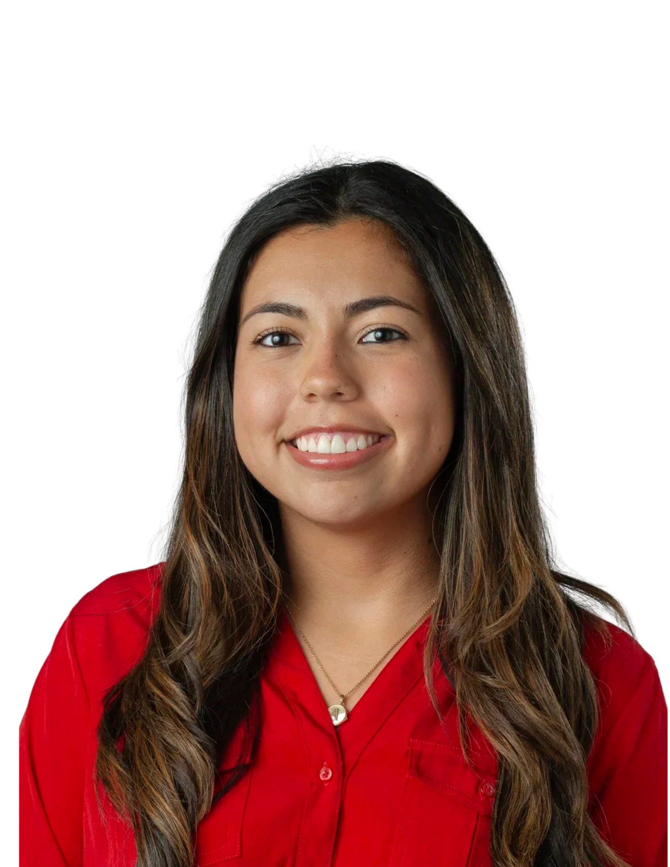 Portrait of a young woman with long, dark hair wearing a red shirt and a gold necklace, smiling against a white background.