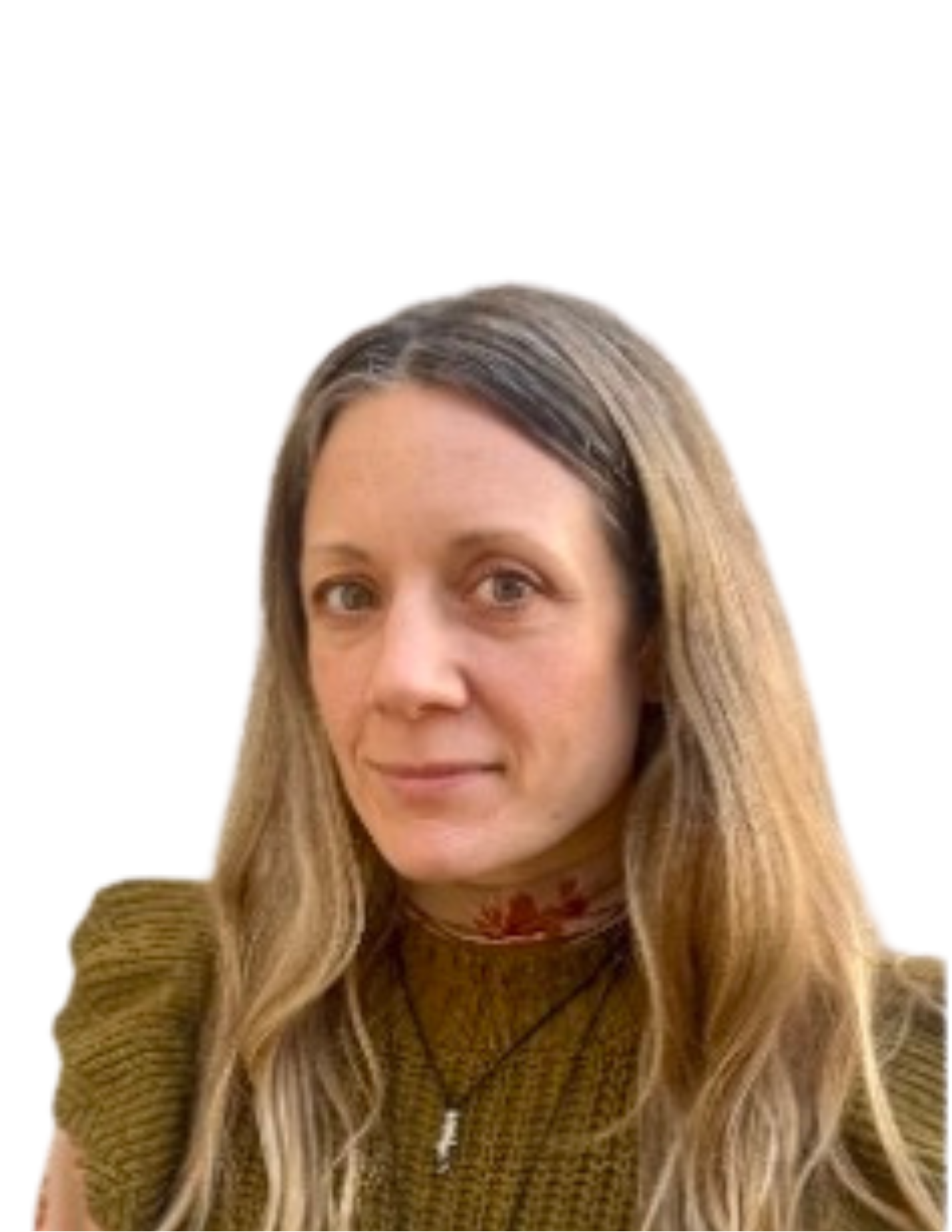 Portrait of a woman with long wavy hair wearing a green sweater and a necklace, with a subtle smile, against a white background.