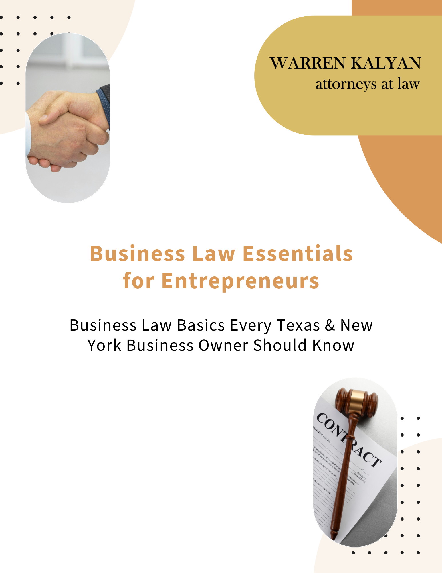 Book cover titled 'Business Law Essentials for Entrepreneurs' with images of a handshake and a gavel with a contract.
