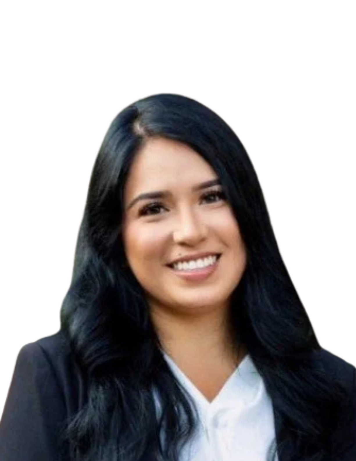 Portrait of a woman with long black hair, smiling, wearing a black blazer and white top, against a white background.