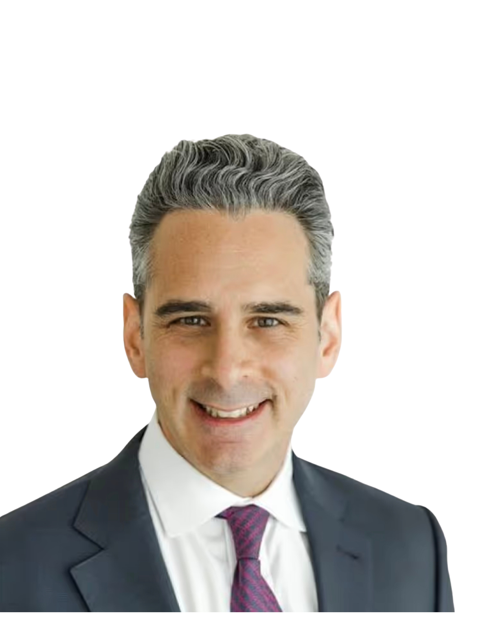 A smiling man with gray hair dressed in a suit and tie, posing against a plain white background.