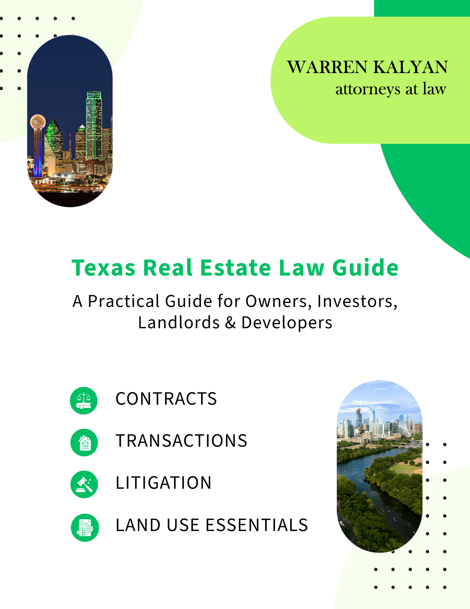 Cover of a Texas real estate law guide featuring cityscape images of Dallas, Texas, with the title "Texas Real Estate Law Guide" and subtitle describing it as a practical guide for owners, investors, landlords, and developers. Also includes topics li