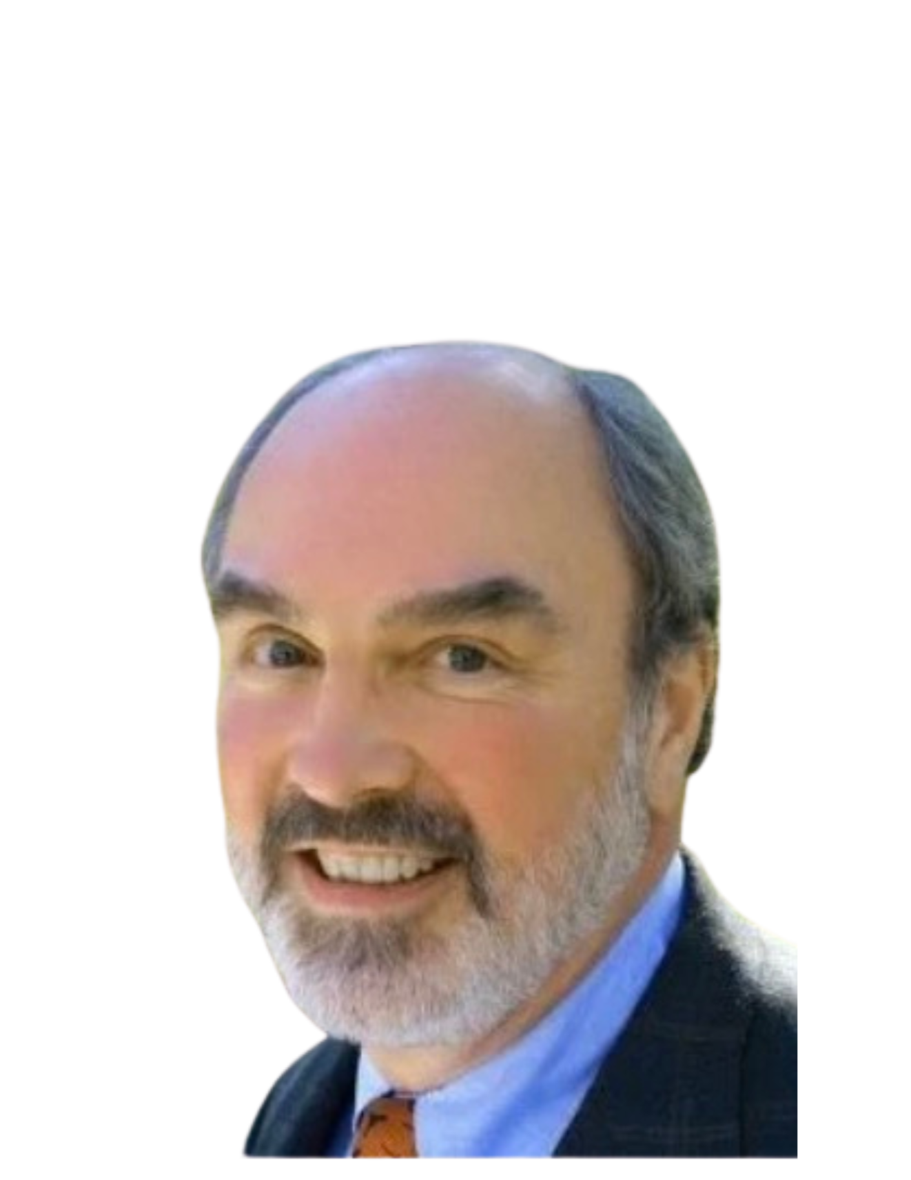 Portrait of a smiling middle-aged man with gray hair and beard, wearing a suit, light blue shirt, and orange tie, against a white background.