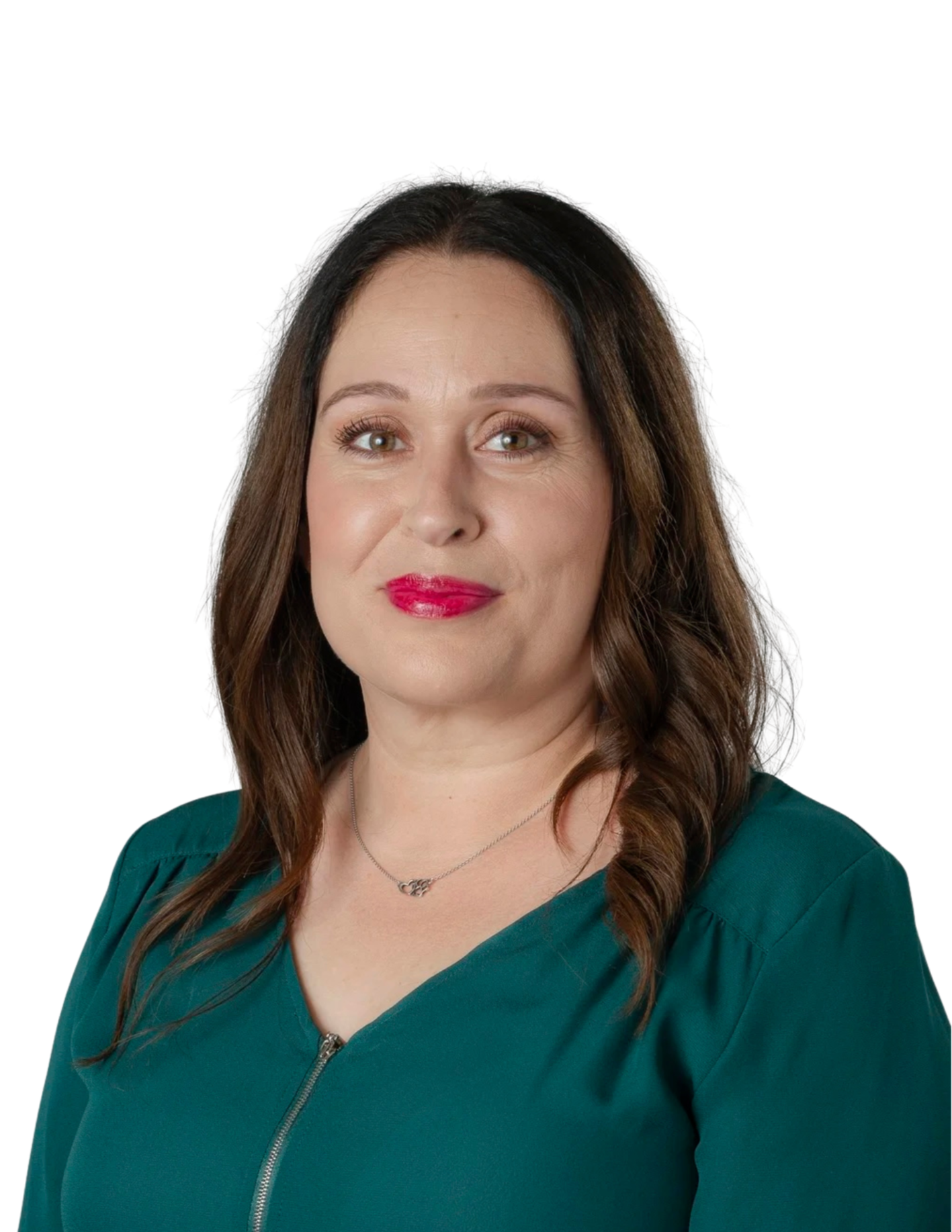 Portrait of a woman with brown hair and pink lipstick, wearing a green top and silver necklace, against a white background.