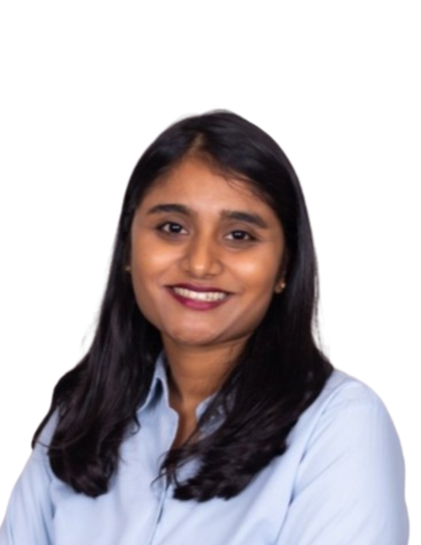 Portrait of a woman with shoulder-length black hair, smiling, wearing a light blue collared shirt against a plain white background.