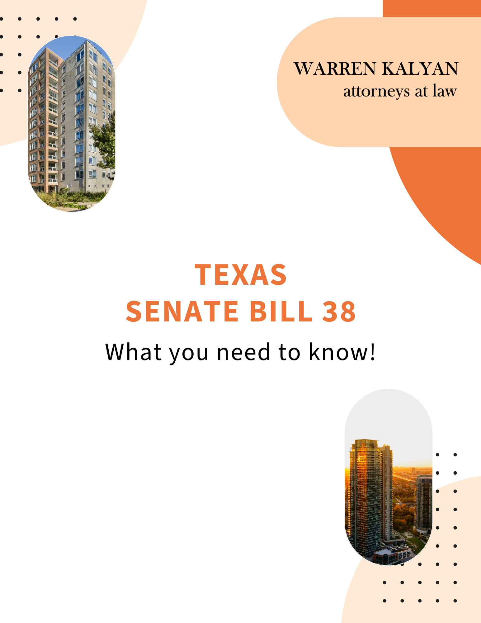 Cover page of a document about Texas Senate Bill 38, featuring images of high-rise buildings and abstract shapes in beige, peach, and orange colors.