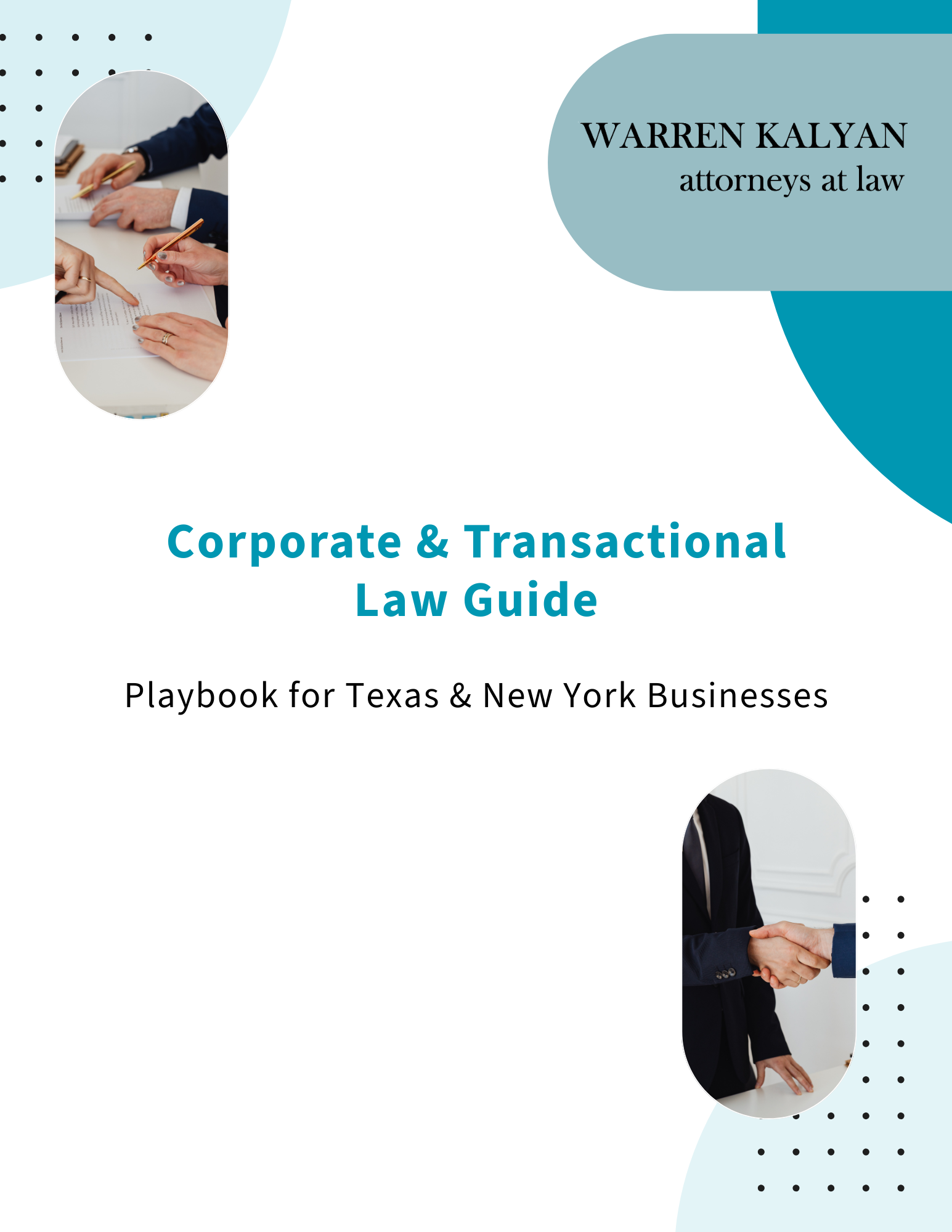 Cover page of a legal guidebook titled "Corporate & Transactional Law Guide" by Warren Kalyan, with images of business professionals shaking hands and discussing documents.