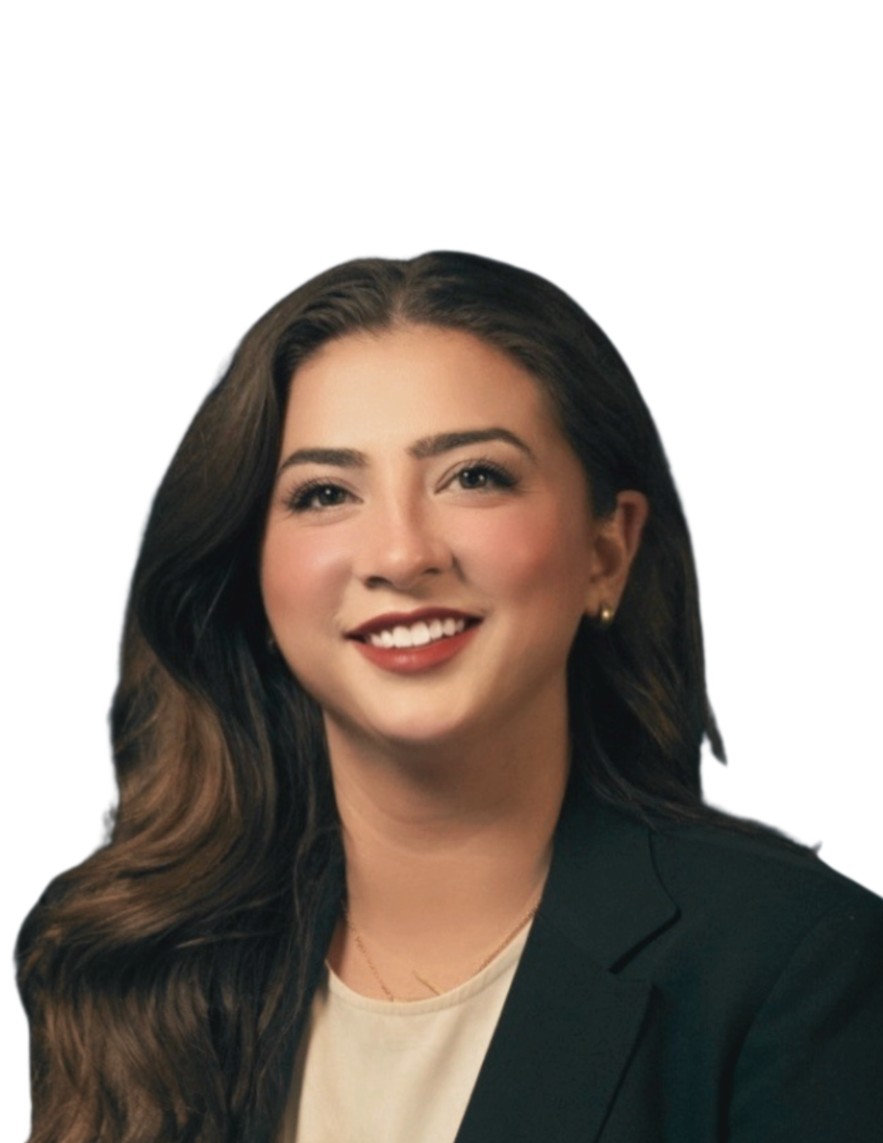 Portrait of a woman with long, wavy brown hair, smiling, wearing a black blazer and a cream-colored top, against a white background.