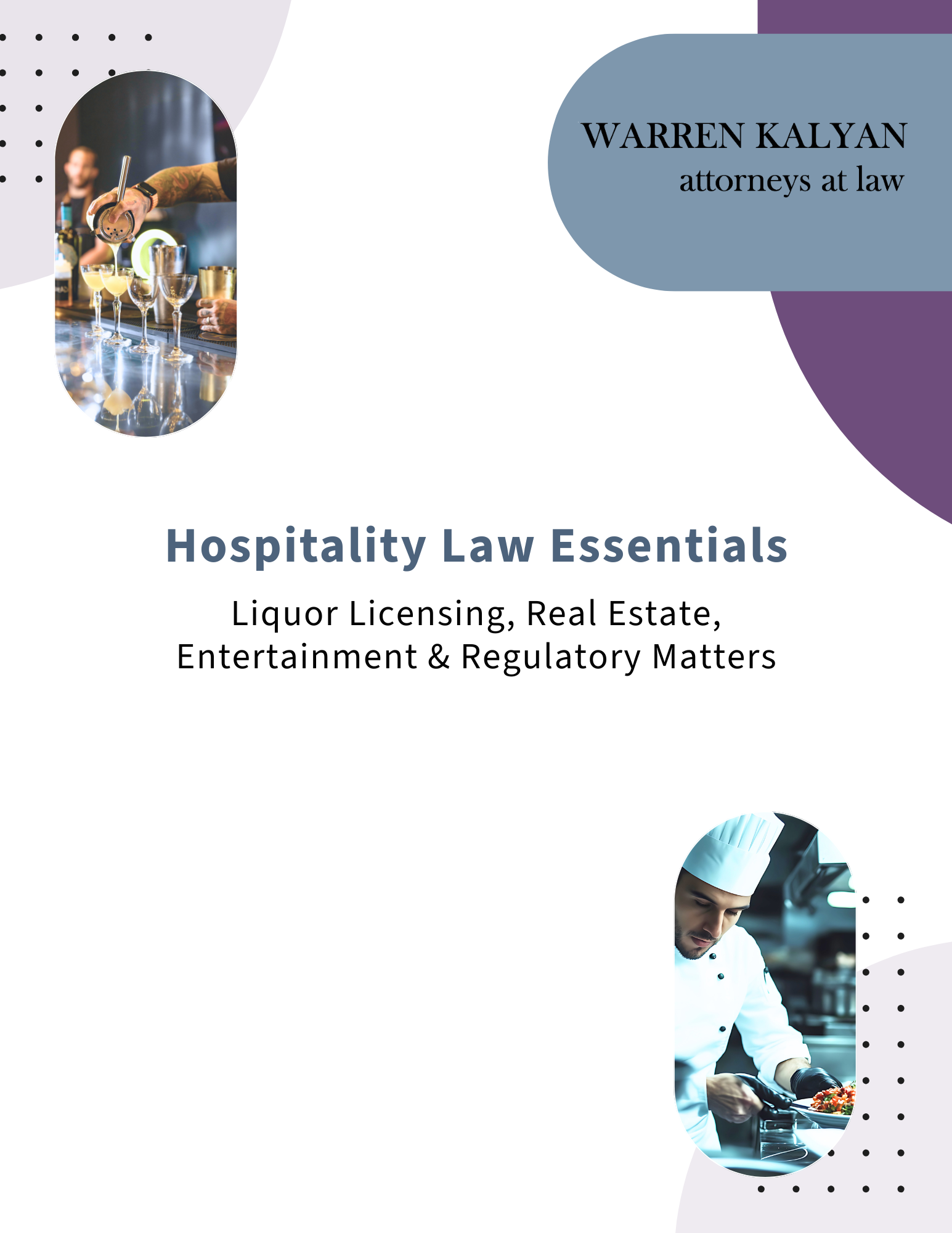Book cover titled 'Hospitality Law Essentials' with pictures of a bartender serving drinks and a chef cooking in the kitchen.
