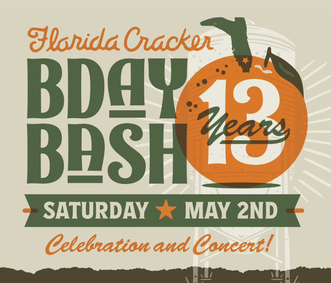 A digital graphic celebrating Florida Cracker Body Bash's 13th anniversary on Saturday, May 2nd, featuring a large pumpkin with the number 13 and the word 'Years' over it, along with text about a celebration and concert.