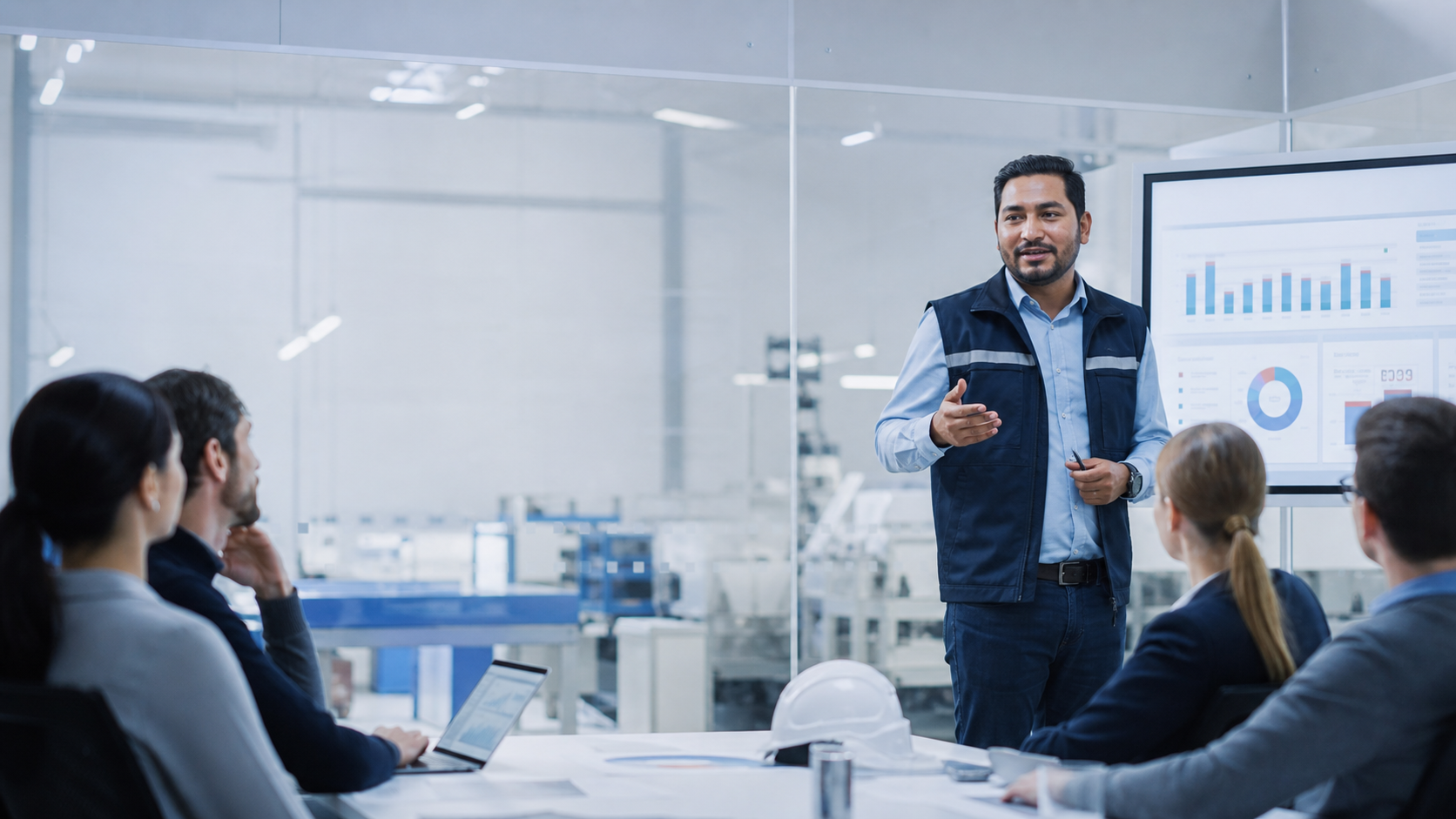 Production supervisor leading a follow-up meeting in a modern manufacturing facility