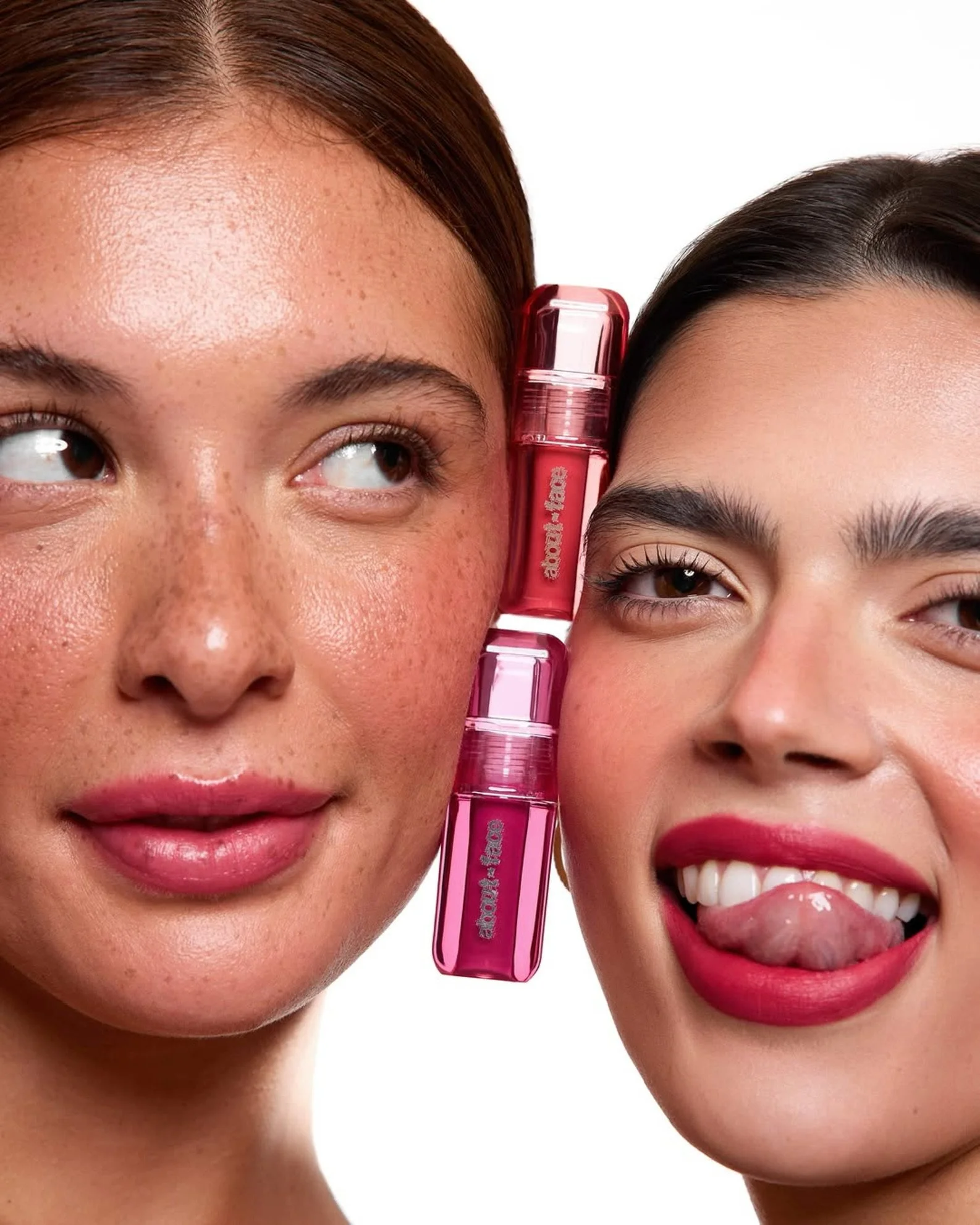 Close-up of two women with different skin tones, holding a pink perfume bottle between them. The woman on the left has reddish-brown hair and freckles, and the woman on the right has dark brown hair and red lipstick, smiling with her tongue out. Los 