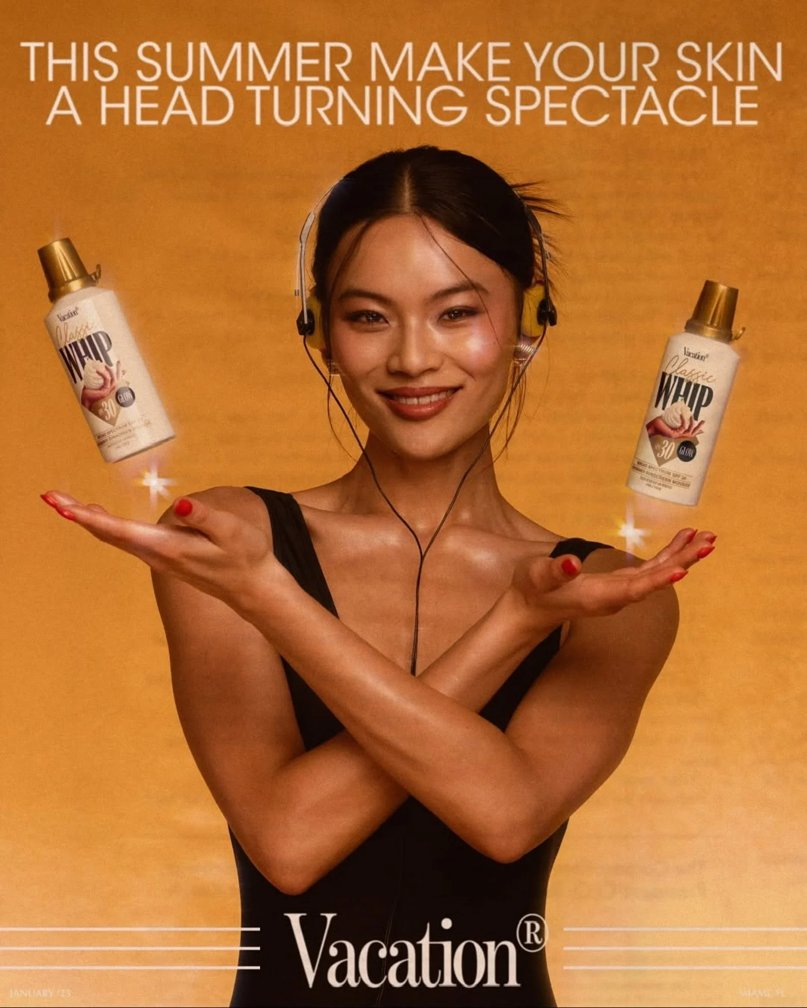 A woman with dark hair smiling, wearing a black outfit, holding two bottles of facial whipped cream or mousse on either side. The background is orange, and the text above reads "This summer make your skin a head turning spectacle.". Hair and makeup b