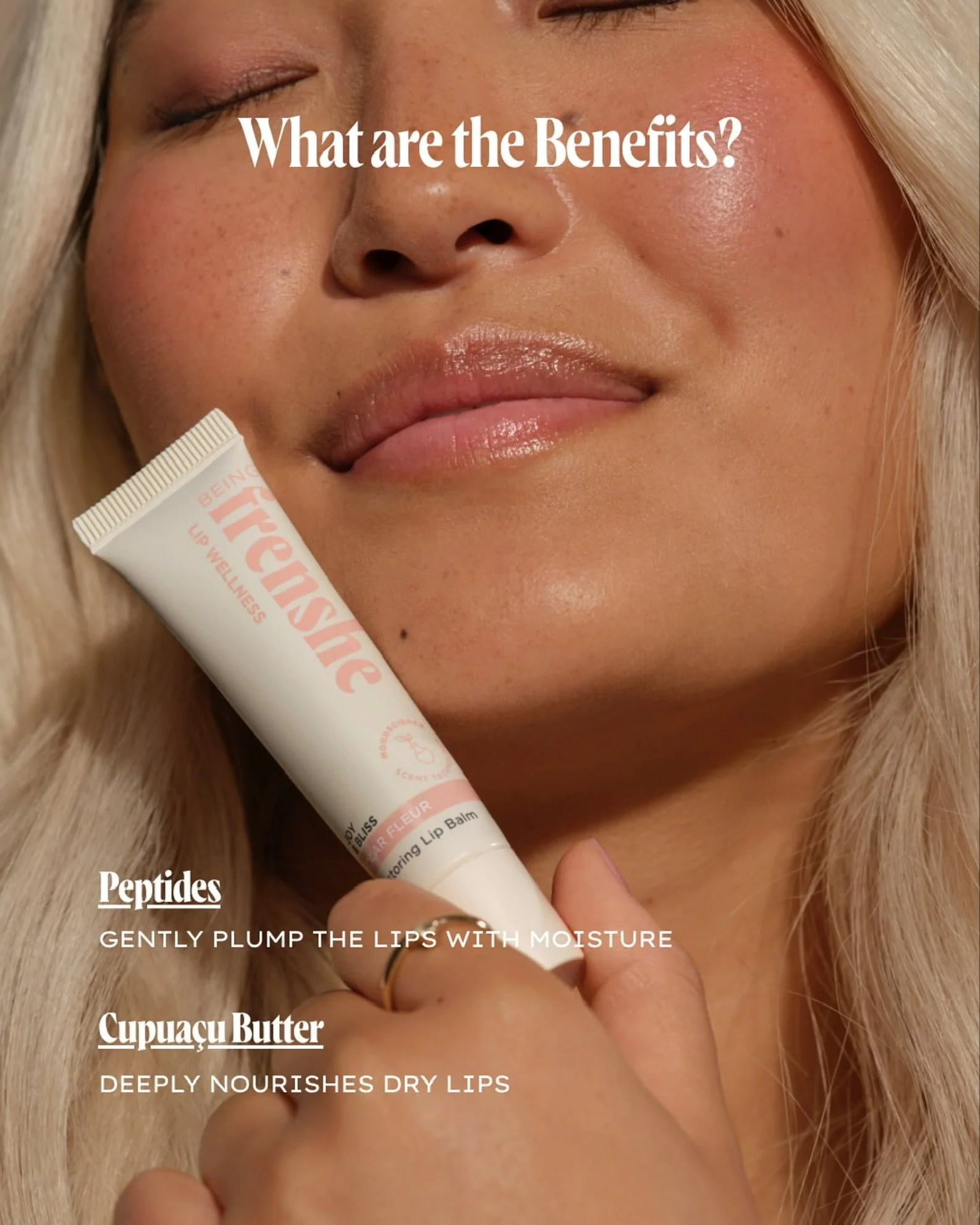 Close-up of a woman's face with closed eyes and blonde hair, holding a lip balm tube near her lips. The image features text about benefits of lip balm, including hydration and nourishment. Los Angeles premiere hair and makeup artist, Amber Rose.