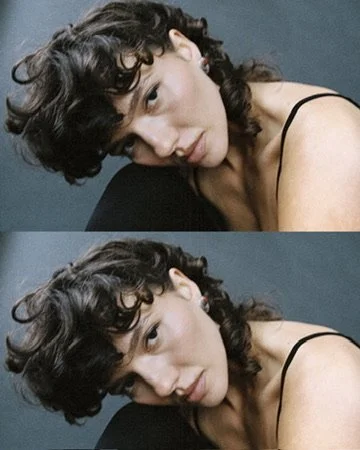 Moody diptych of a model with tousled curly hair in a dark, editorial color palette, hair and makeup by Los Angeles artist Amber Rose.