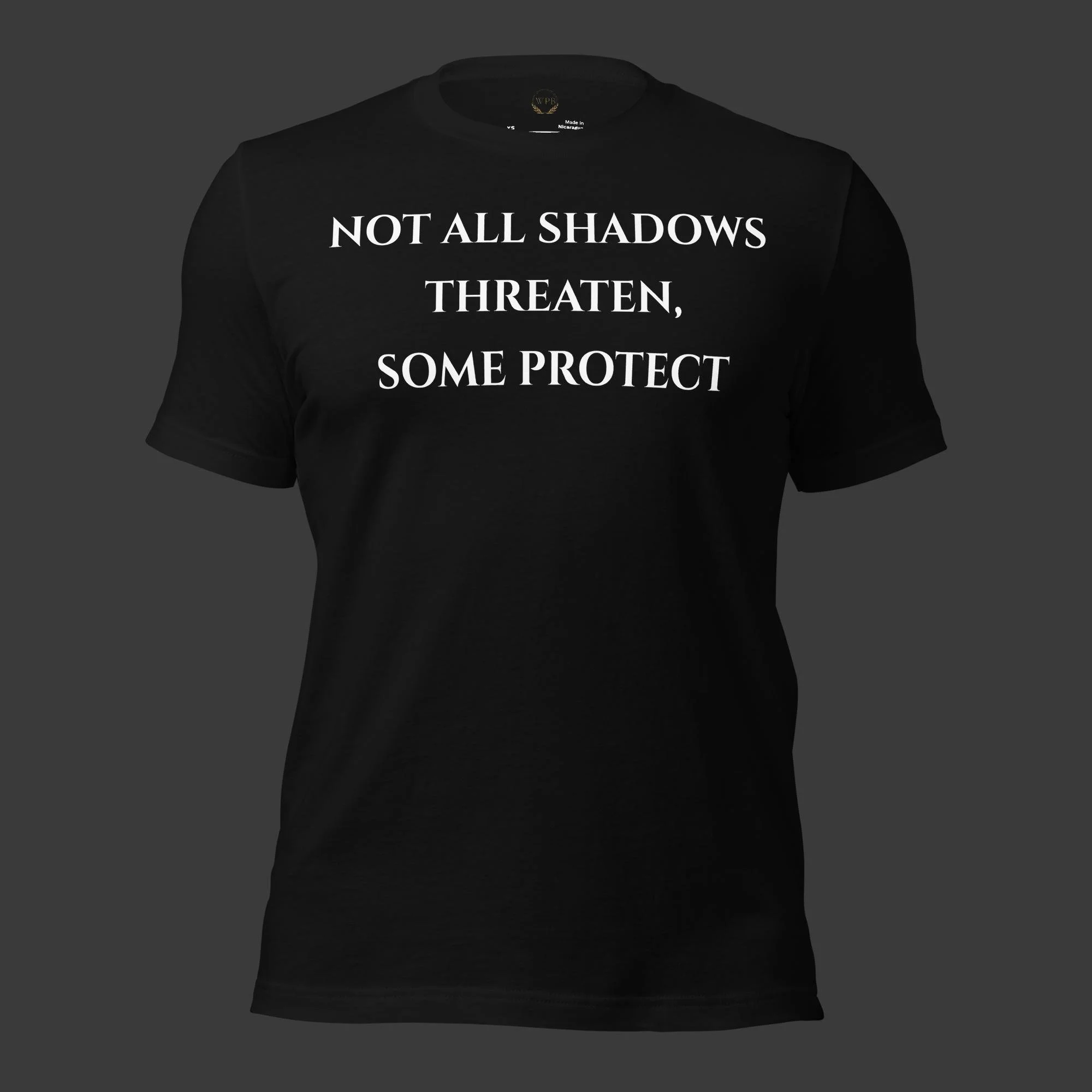 Black graphic t-shirt from The Onyx Collection by WPB Emporium featuring minimalist white typography.