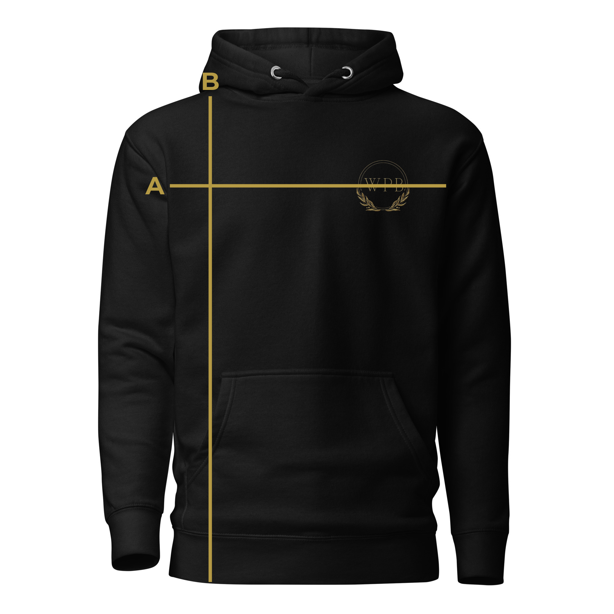 WPB Emporium fitted unisex hoodie. measurement guide showing chest width and garment length for sizing reference