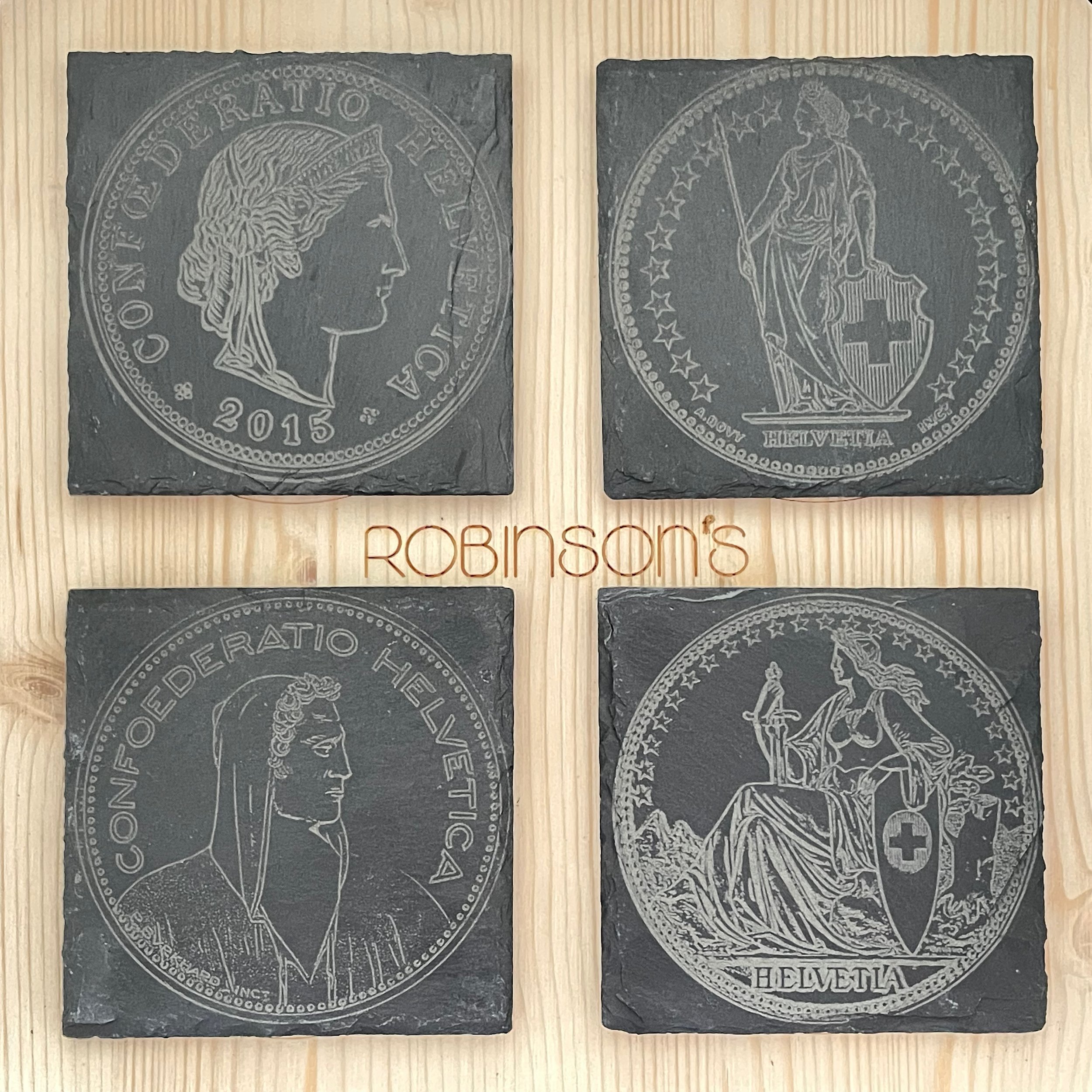 Laser Engraved Slate Coaster Set Swiss Theme With Swiss Franc Coin Design