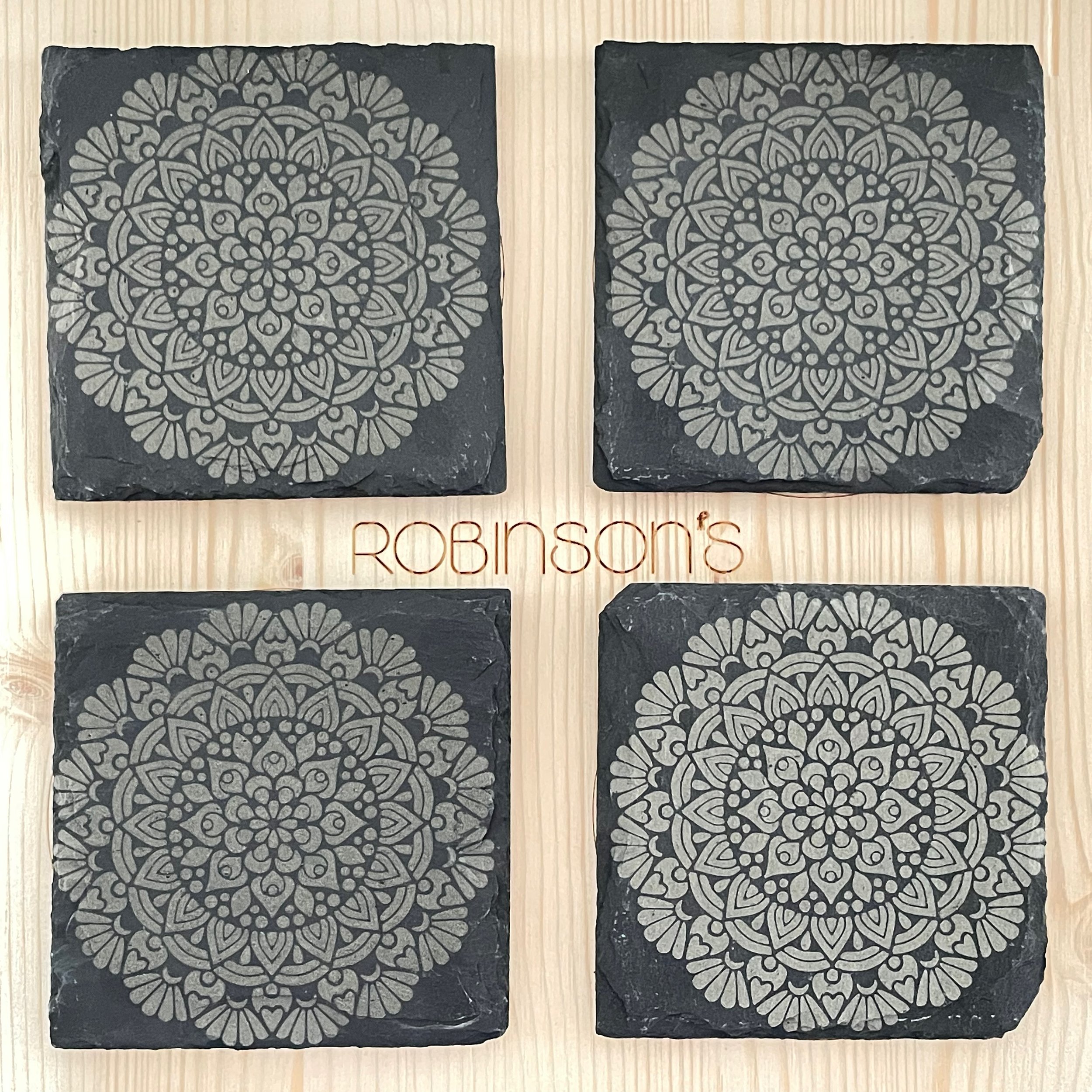 Laser Engraved Slate Coaster Set With Mandala Mindfulness Design
