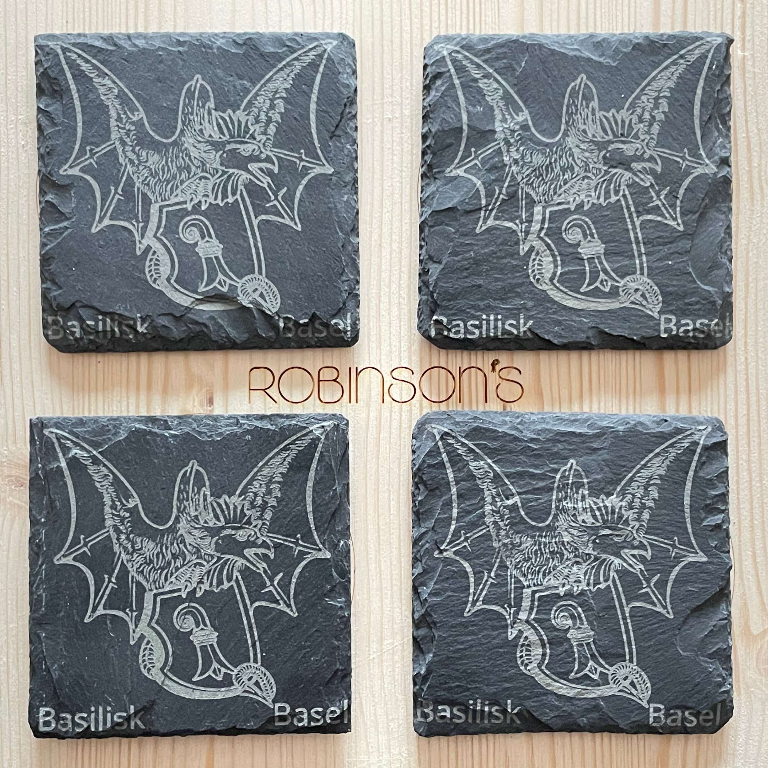 Laser Engraved Slate Coaster Set Swiss Theme With Basel Basilisk Design