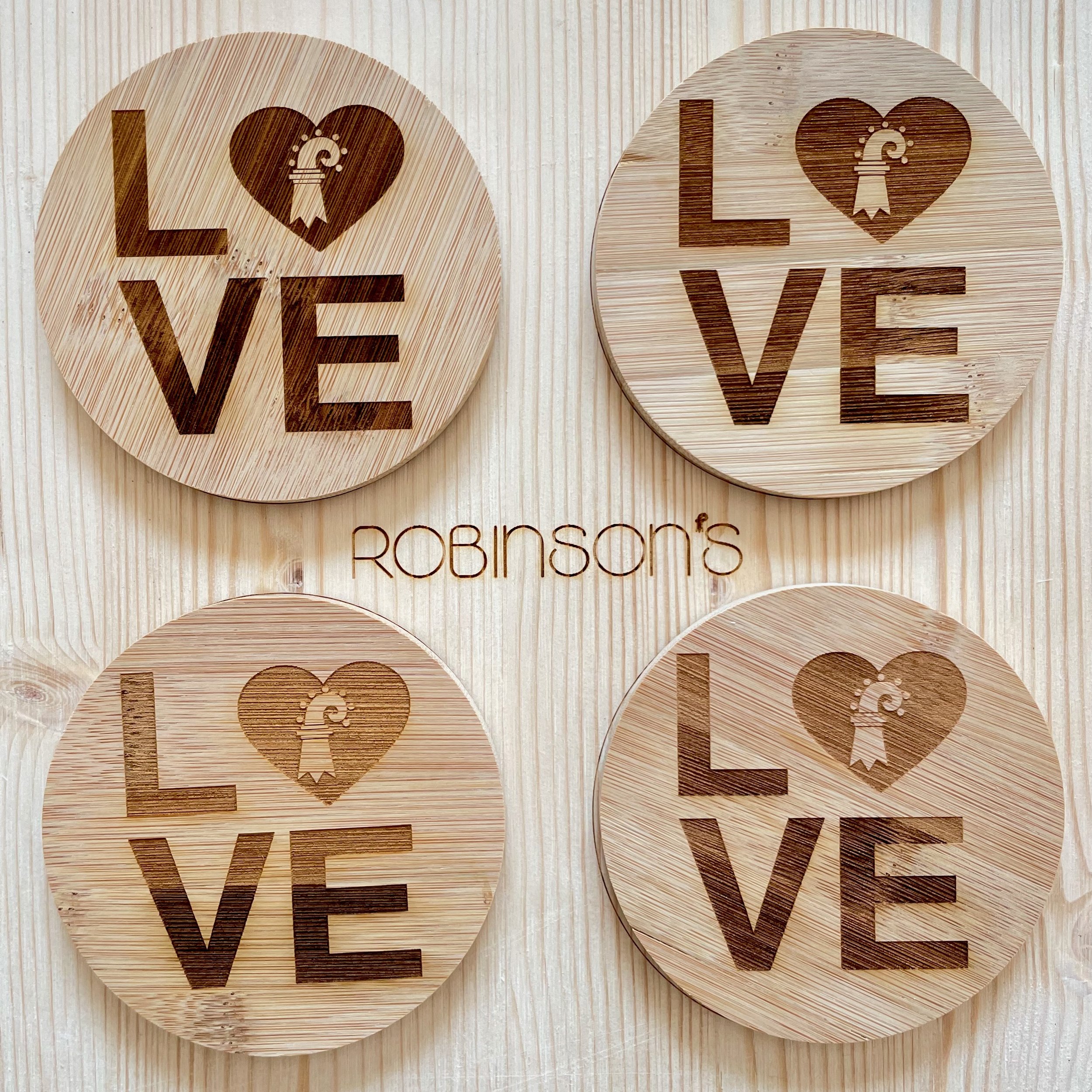 Swiss Themed 'Love' Design Bamboo Coaster Set