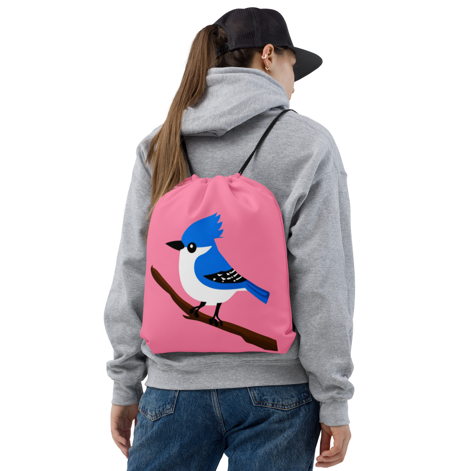 Lightweight Drawstring Backpack With Blue Jay on Pink for Hiking and Outdoor Activities