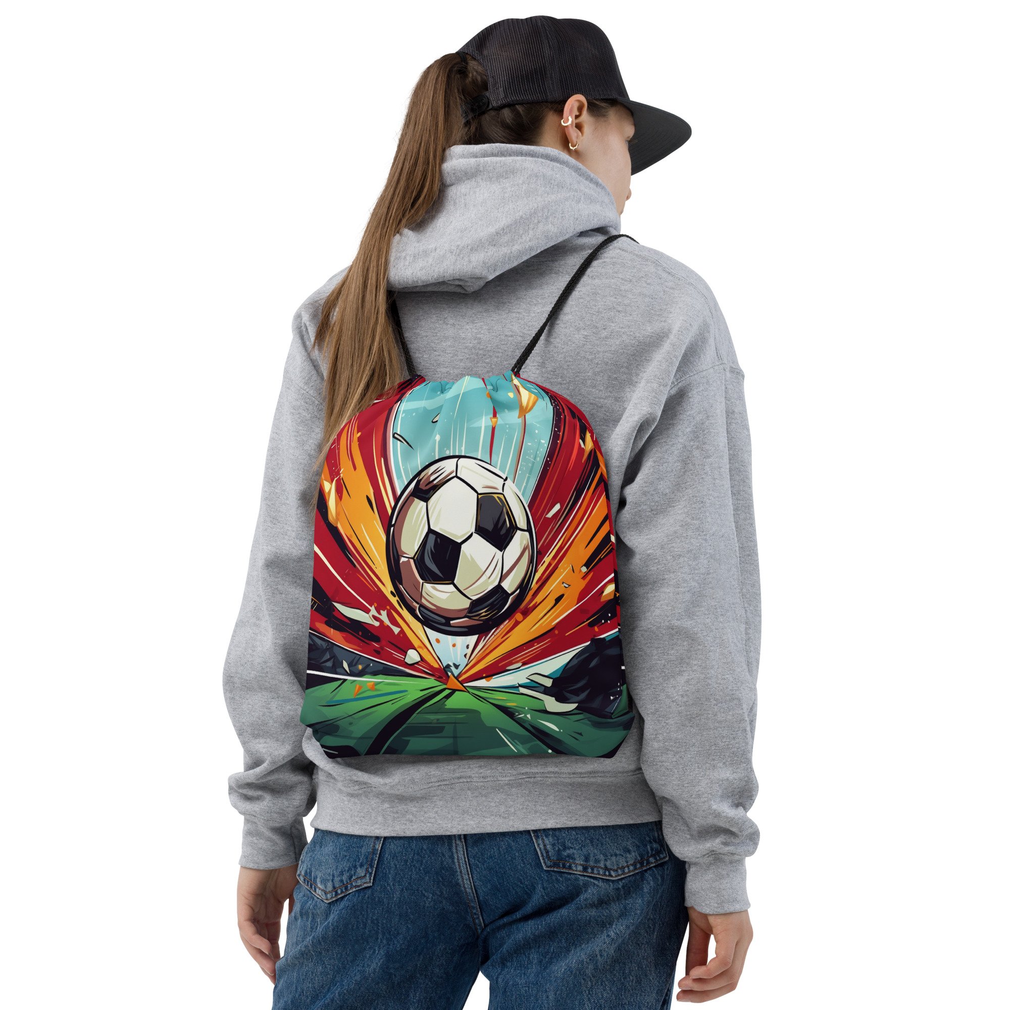 Someone wearing Lightweight Drawstring Backpack With Dynamic Soccer Ball Graphic Design for Hiking and Outdoor Activities