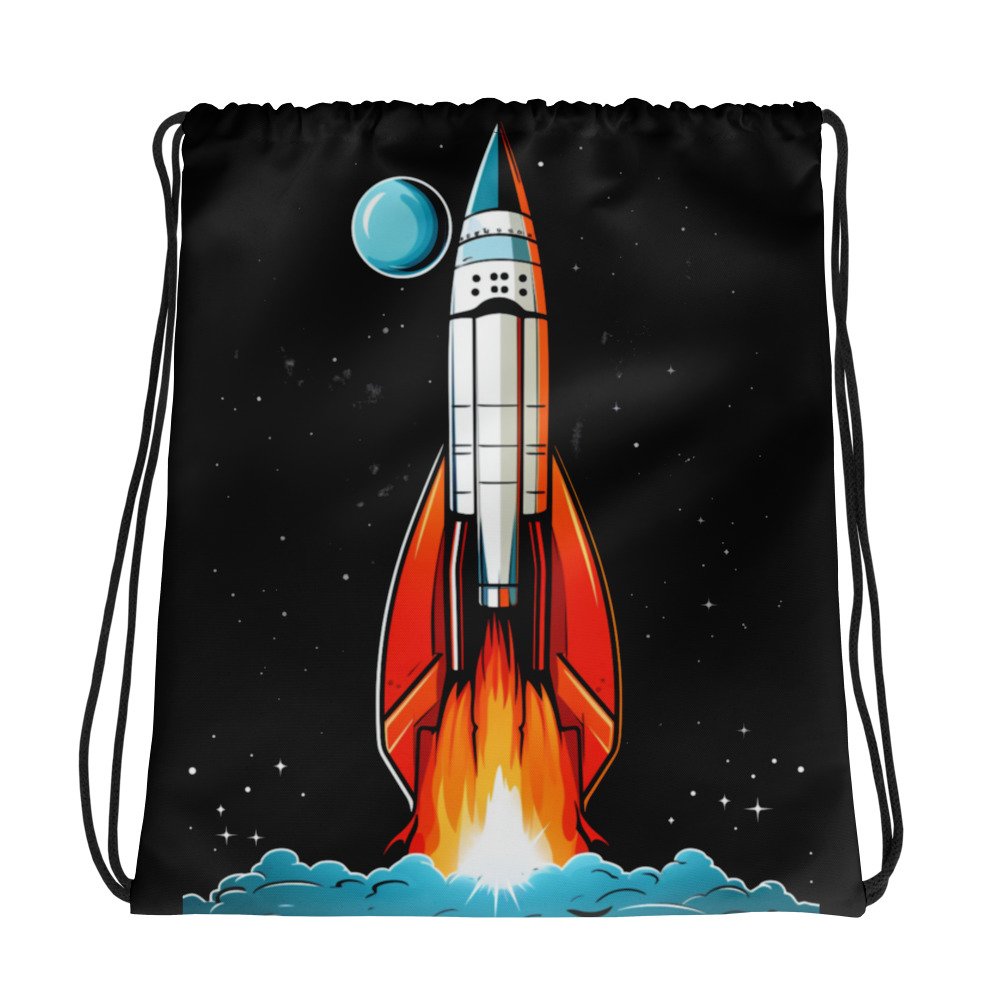 Lightweight Drawstring Backpack With Retro Rocket Graphic on Black Background Design for Hiking and Outdoor Activities